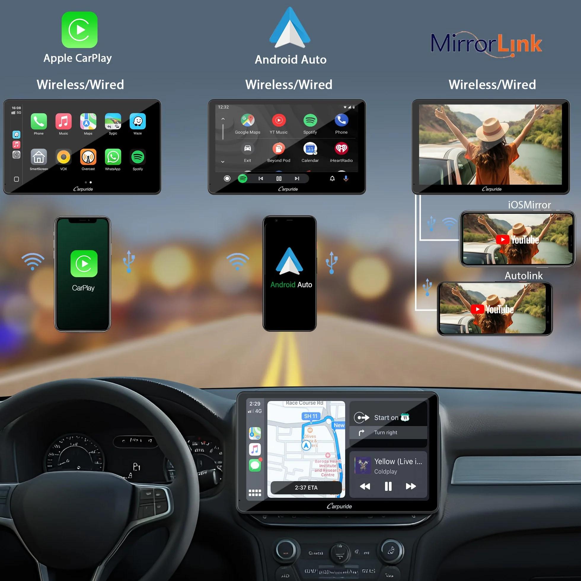 Carpuride YT101S radio samochodowe z podwójnym DIN, bezprzewodowe CarPlay i Android Auto, ekran dotykowy 10,1" HD