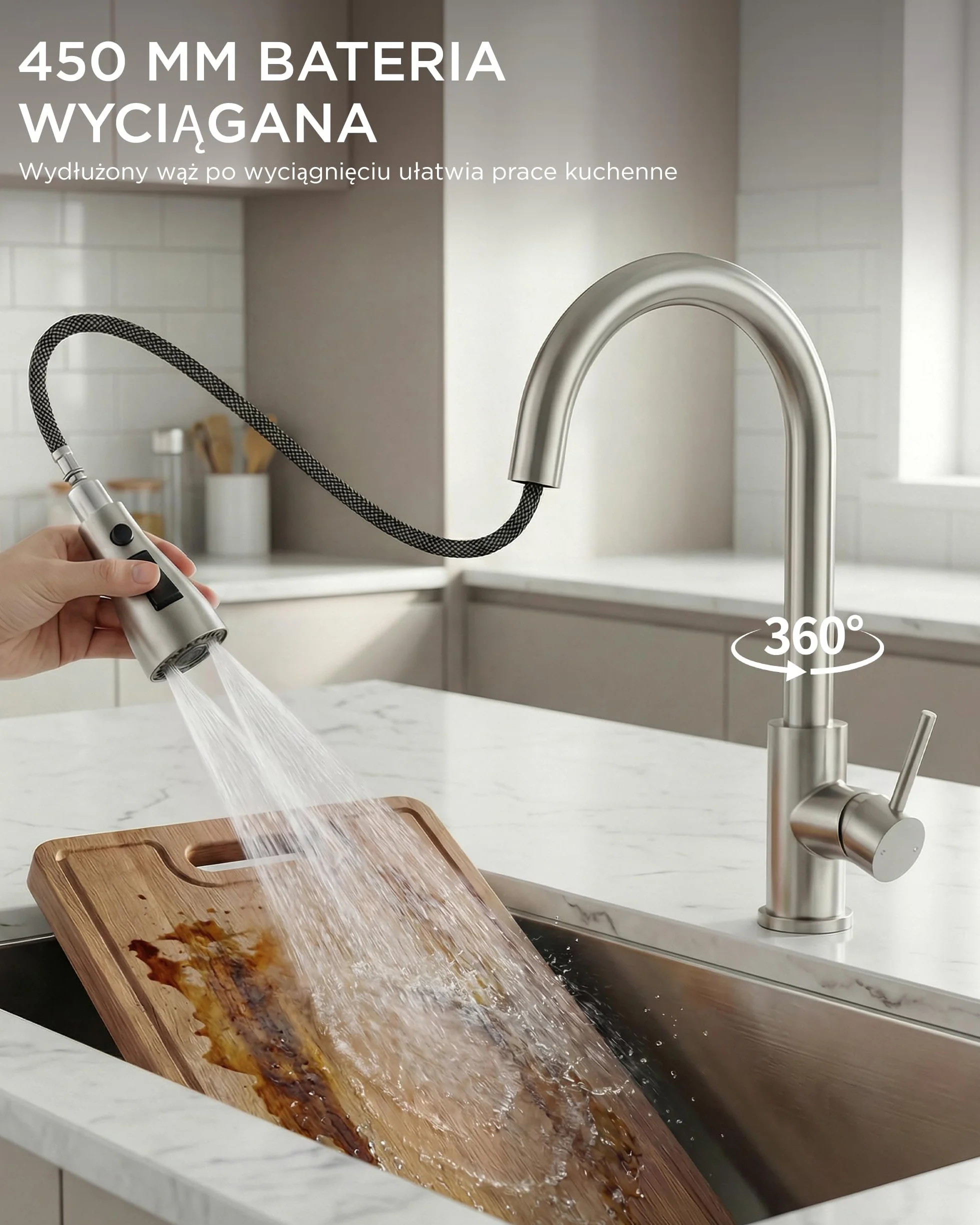 FORIOUS Kran Kuchenny, Bateria Kuchenna z Wyciąganą Wylewką, obrotowa o 360° Bateria Kuchenna, odpowiednia do zlewów o wysokich profilach, Dwa tryby odprowadzania wody, Stal Nierdzewna