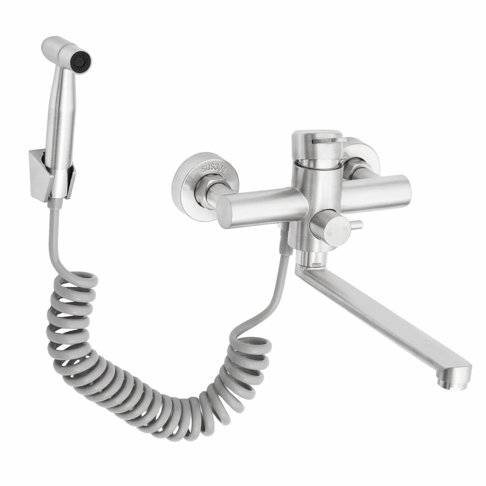 23 cm, kran ścienny ze szczotkowanej stali nierdzewnej 304, kompletny zestaw z słuchawką prysznicową, pistolet natryskowy, elastyczny wąż spiralny, uchwyt do łazienki, umywalki kuchennej, konserwacji
