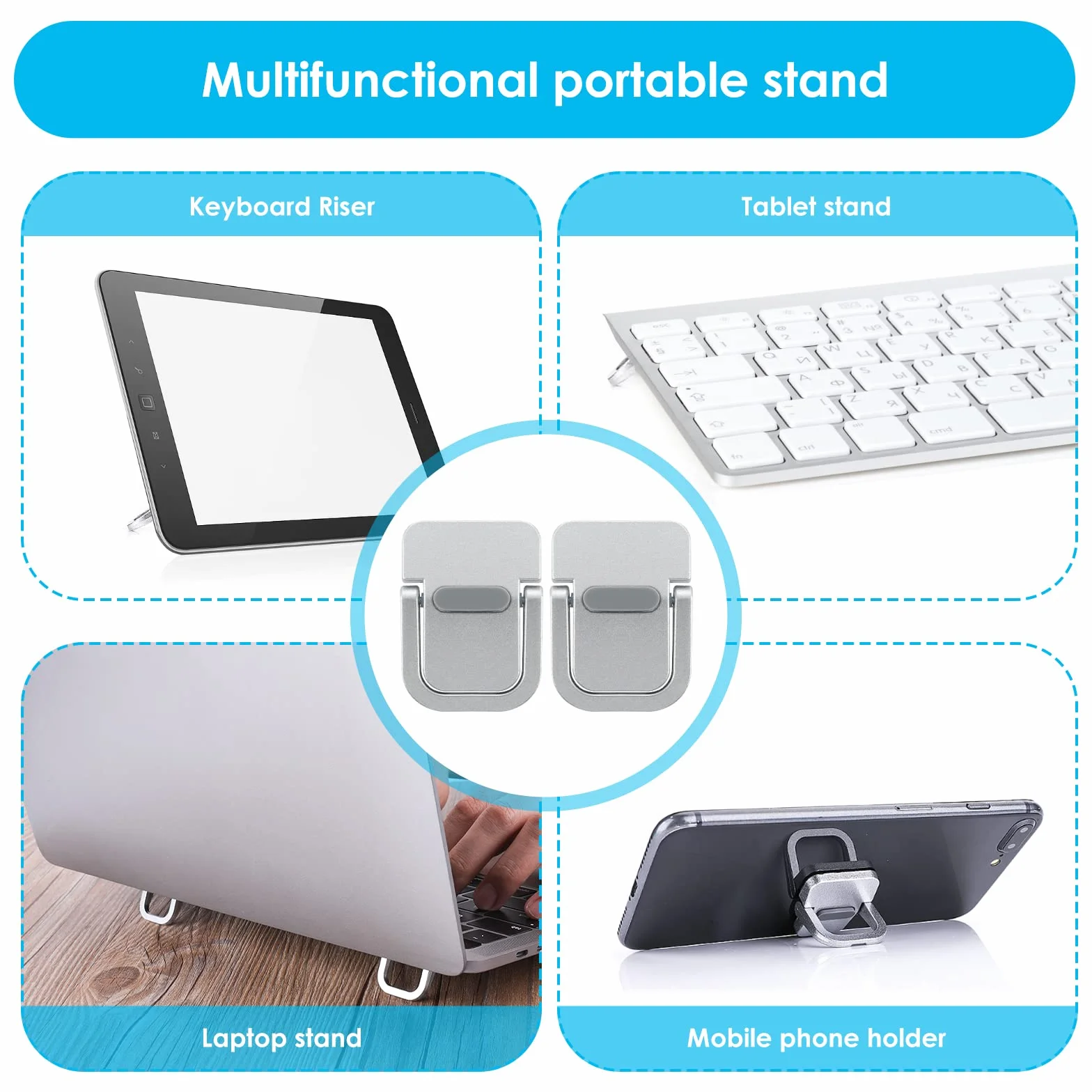 Bewudy Przenośny stojak na klawiaturę, samoprzylepny mini stojak na laptopa, niewidoczny stojak na klawiaturę komputerową, składane nóżki do laptopa z antypoślizgowym silikonem (srebrny)