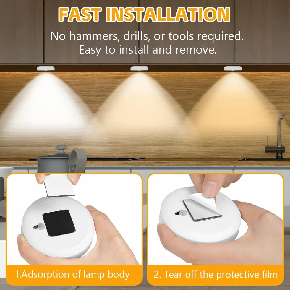 Hotut Akumulatorowe bezprzewodowe lampy Puck, 3 sztuki, ładowalne lampki nocne LED z 3 trybami oświetlenia, LED Puck, pilot zdalnego sterowania, zasilanie bateryjne, do szafki, schodów, szaf, kuchni