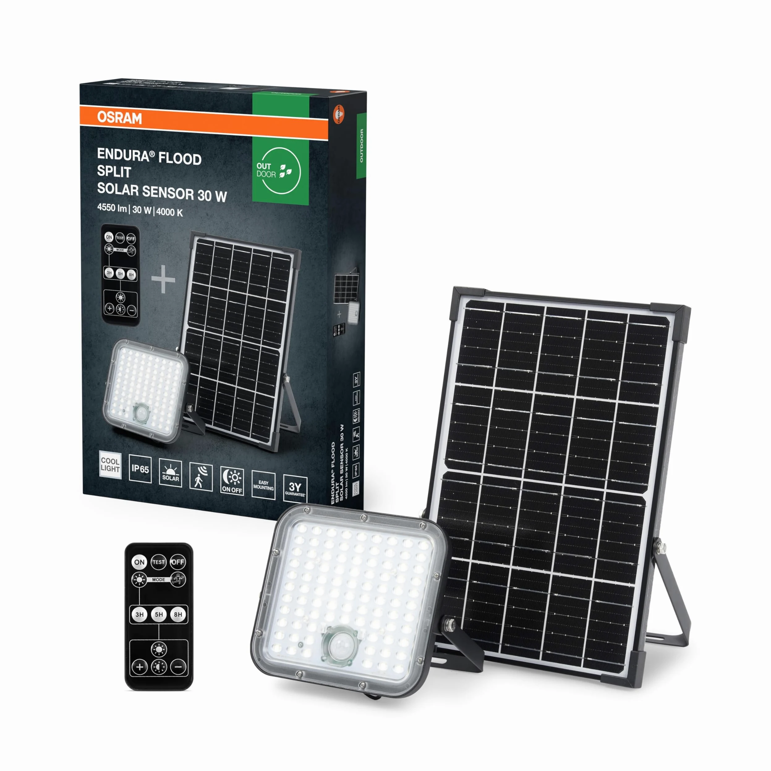 OSRAM LED-Solar-Außenleuchte Endura Outdoor schwarz mit Flutlicht und Solar-Panel, 5 m langes Kabel, mit Fernbedienung und PIR-Bewegungsmelder, 30 W, 4500 lm, 840, 4000 K Lichtfarbe, EEK A | ENDURA Flood Split Solar Sensor, Outdoor Lanterns, czarny, 35000