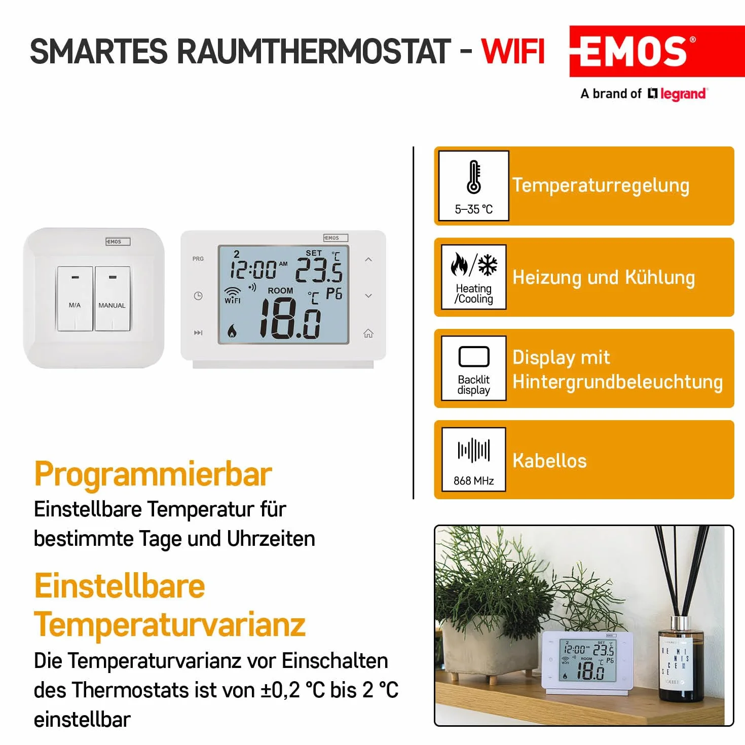 EMOS GoSmart termostat pokojowy Smart Home z aplikacją – WiFi – termostat IP do systemów ogrzewania i chłodzenia – energooszczędny – kompatybilny z Tuya, Google Assistant i Alexa – bezprzewodowy,
