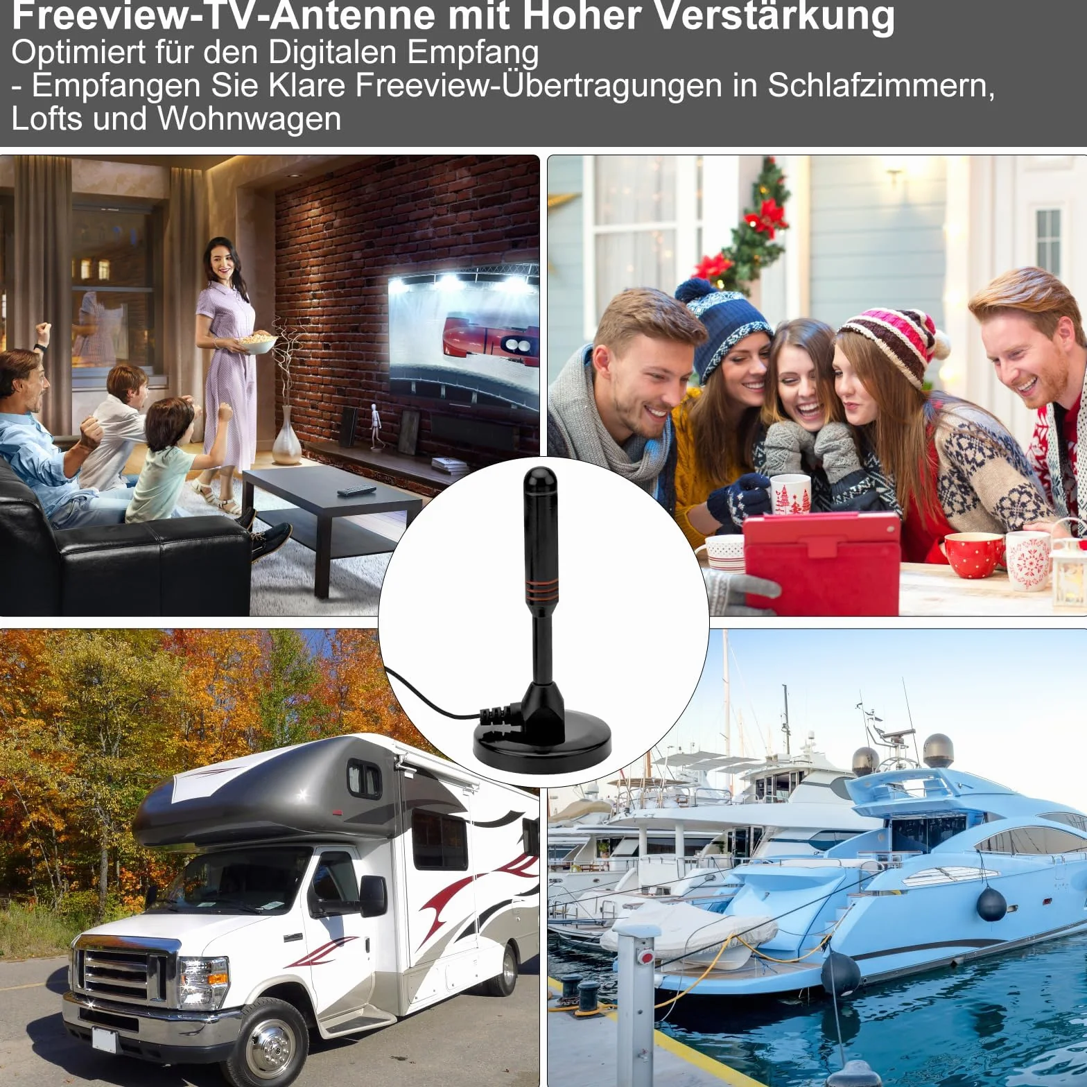 Antena DVB-T2, cyfrowa antena pokojowa do telewizorów, dvbt2 antena ze wzmacniaczem, odbiór 360 stopni, z podstawą magnetyczną, kabel 5 m, obsługuje kanały HD 4K i wszystkie urządzenia telewizyjne