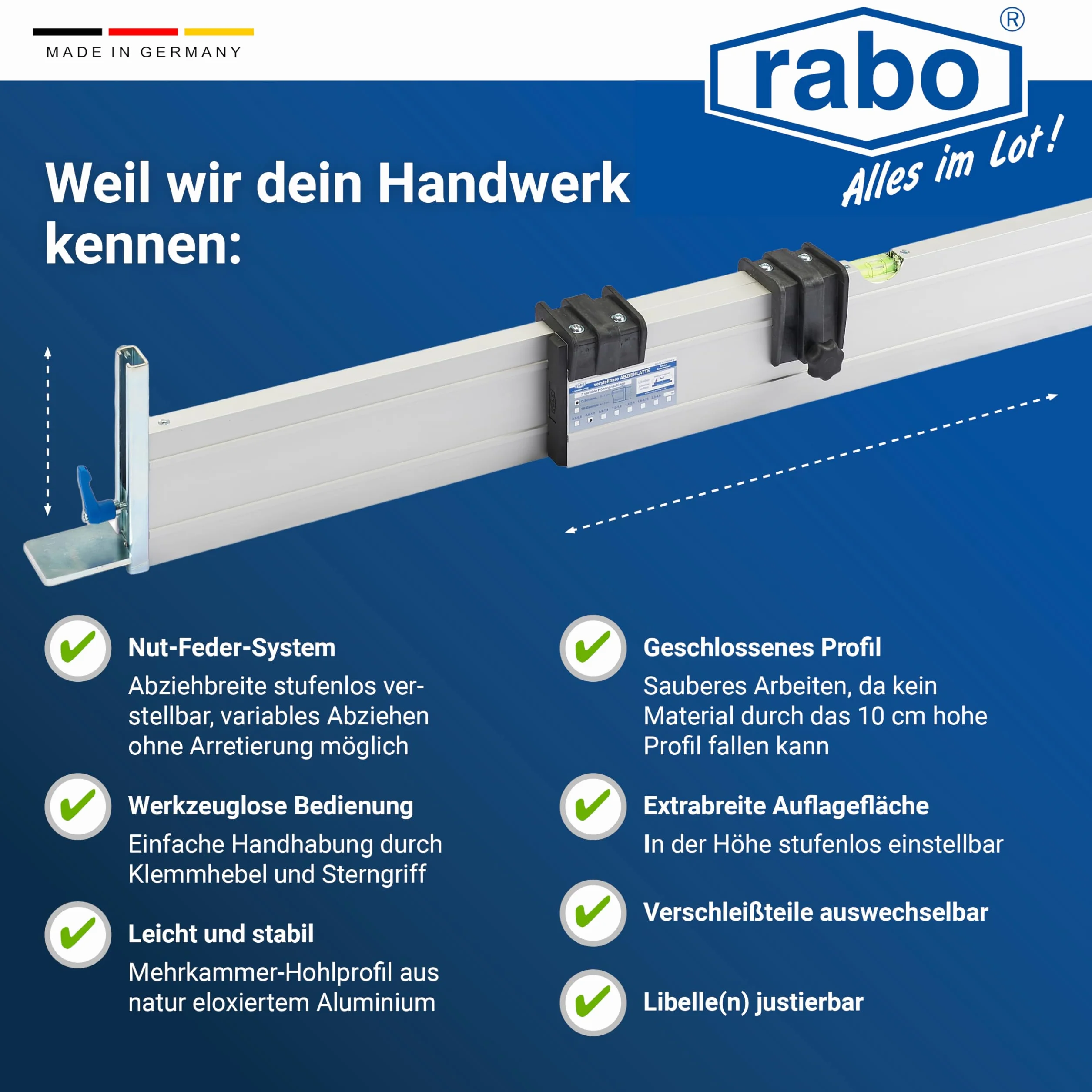 RABO Łata poziomująca 0,80–1,40 m regulowana | do wyrównywania żwiru, kruszywa i piasku | z 2 ogranicznikami wysokości profil C (0–11 cm) | aluminium anodowane, jakość profesjonalna