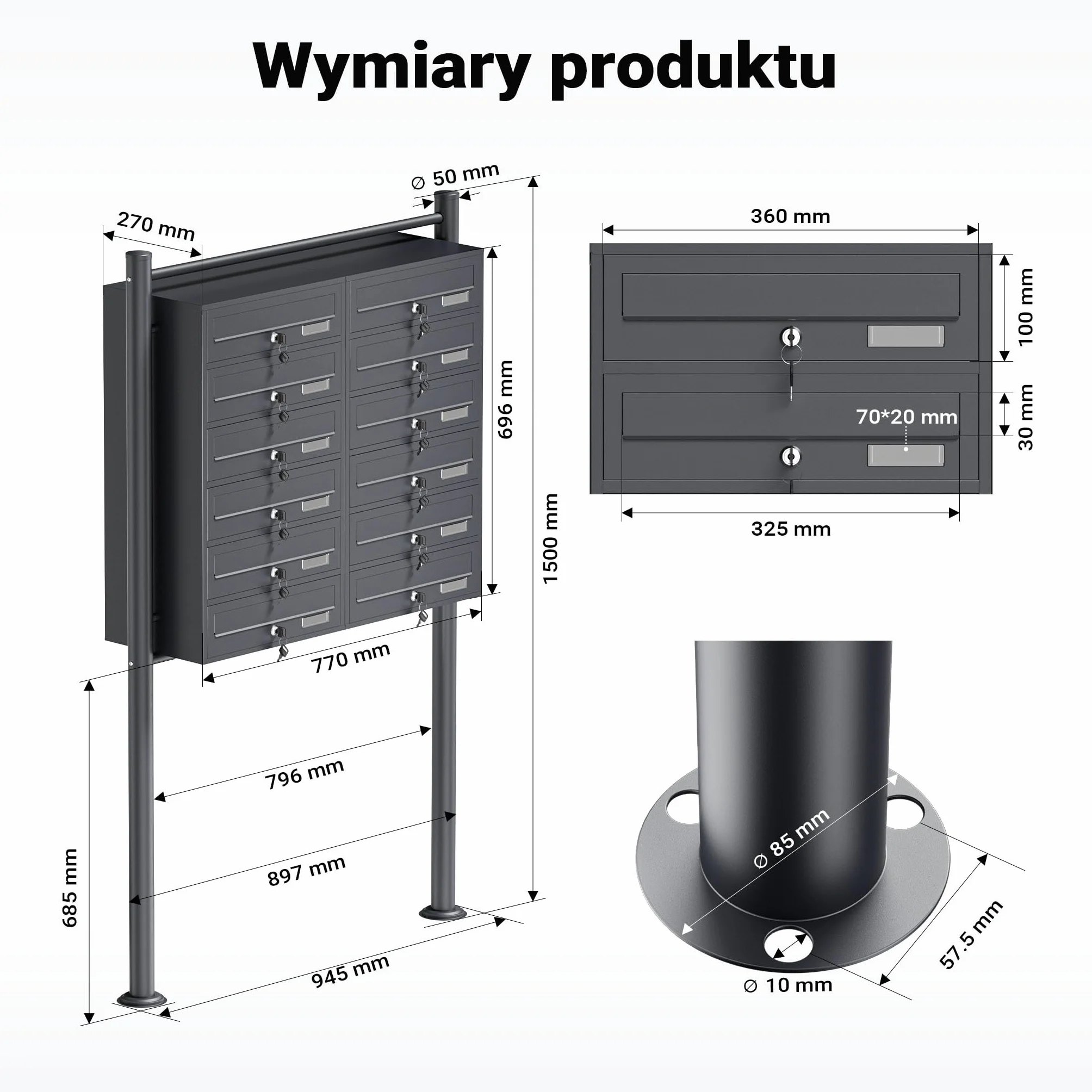 Wiltec Wolnostojąca skrzynka na listy antracytowa z 2 x 6 skrzynkami pocztowymi z zamkiem, do montażu podłogowego, idealna do budynków wielorodzinnych