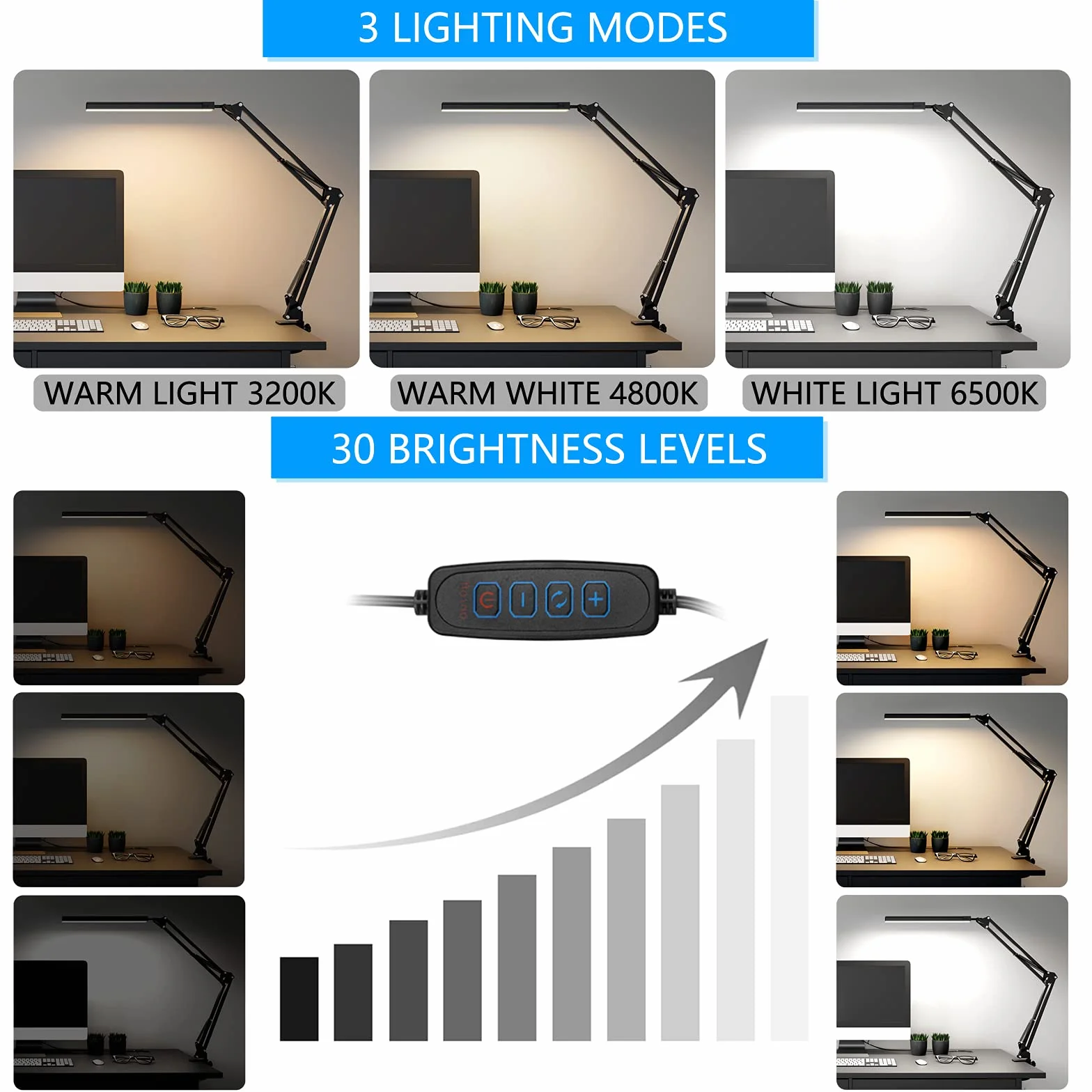 SKYLEO Lampka Biurkowa LED z Klipsem - Lampka LED Chroniąca Oczy - Regulowane Pod Wieloma Kątami światło Robocze - 3 Tryby świecenia X 10 Poziomów Jasności - Czarna