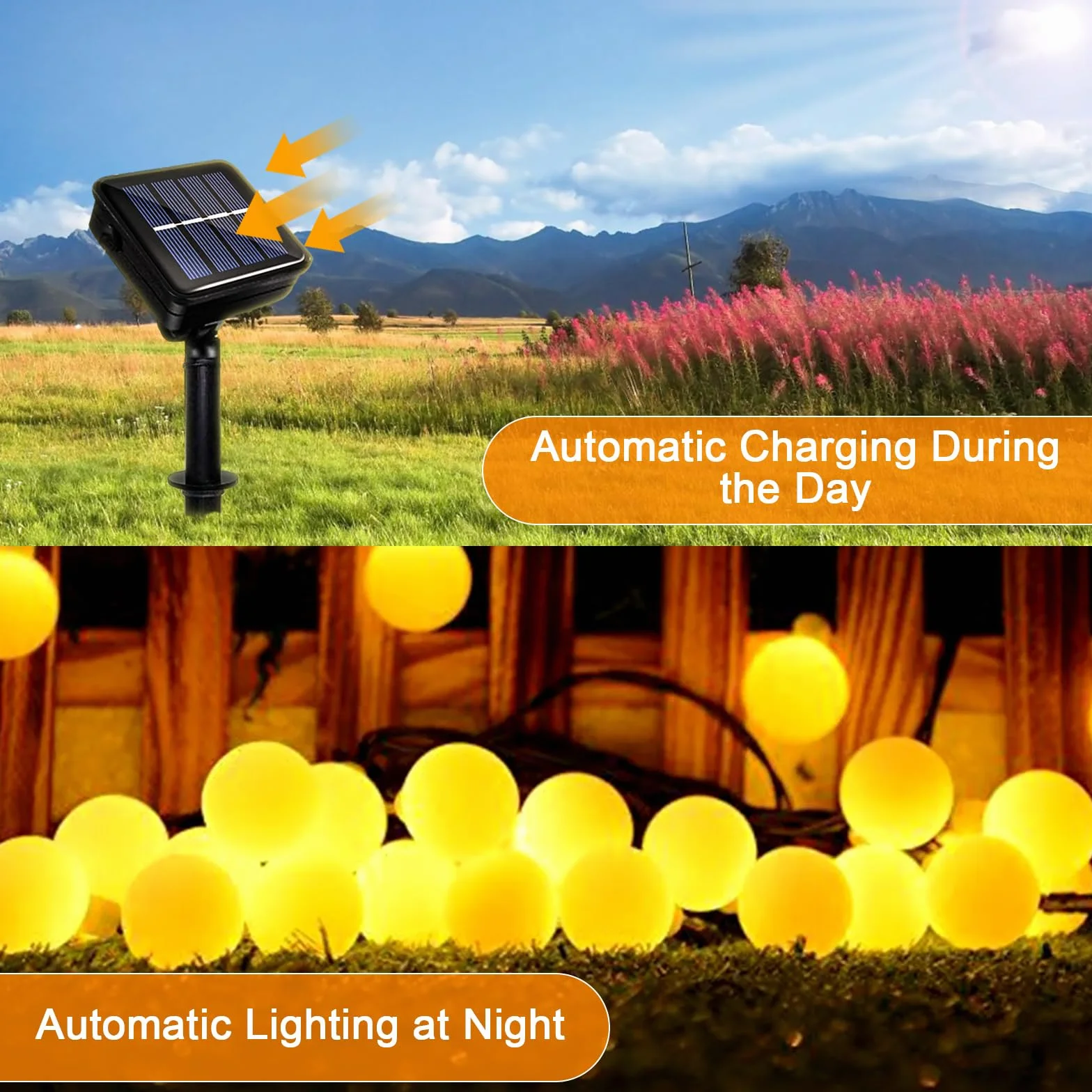Solarne łańcuchy świetlne LED - 12M 100 diod LED, 8 trybów, wodoodporne, zasilane energią słoneczną, lampki kuliste z pilotem zdalnego sterowania, do ogrodu, na patio, podwórko, imprez