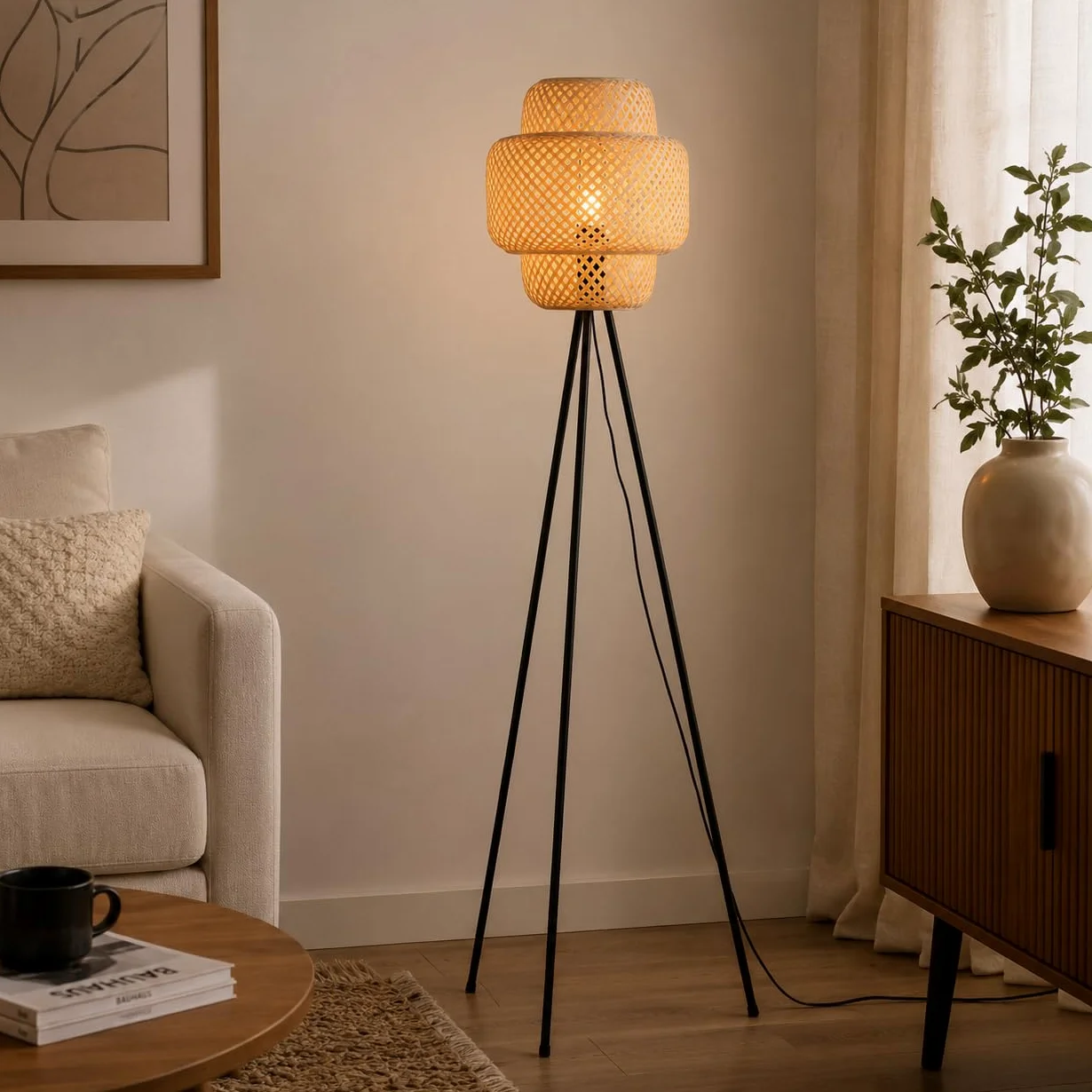 Alpinaluz Lampa Podłogowa Trójnóg E27 Naturalna Wiklina Czarna Podstawa | Ręcznie pleciony klosz Ø30 cm i czarna metalowa konstrukcja, styl boho rustykalny do salonu, sypialni i czytania
