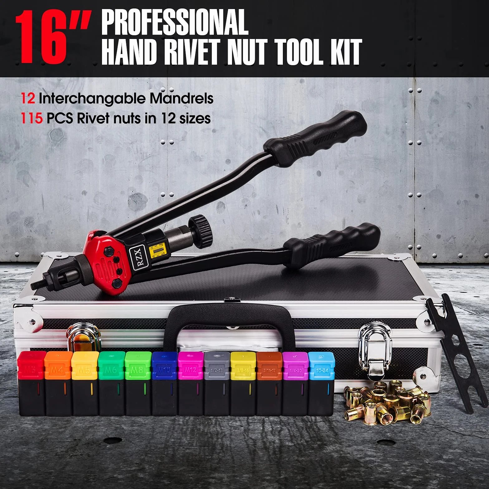 RZX 16" RIVET NUT TOOL Hand Blind Riveter,RIVNUT Riveting Tools with Nut Setting System totally 12mandrels M3 M4 M5,m6,m8,m10 M12, 10-24, 1/4-20, 5/16-18,3/8-16,1/2-13 +115PCS Rivets Nuts