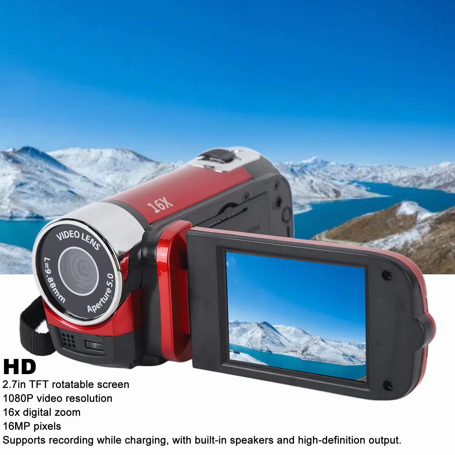 Ręczna kamera wideo DV 1080P 16 MP 16-krotny zoom cyfrowy obrotowy ekran TFT 6.9 cm czerwona