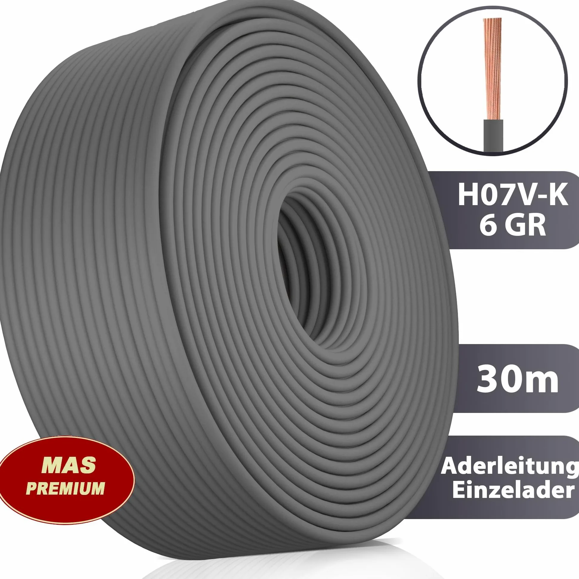 Przewód żyłowy H07 V-K 6 mm², czarny, brązowy, ciemnoniebieski, zielono-żółty, szary, czerwony lub jasnoniebieski, elastyczny (szary, 30 m)