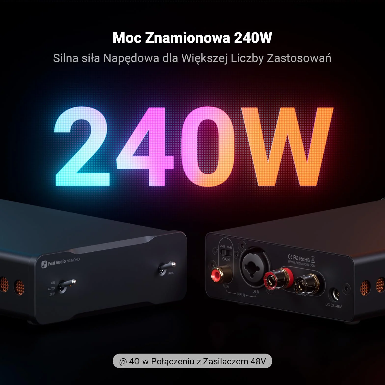 Fosi Audio Due V3 Mono HiFi Audio Amplifier 240W TPA3255 Wzmacniacz Monoblokowy Klasy D Zbalansowane Wejścia RCA/XLR 48V/10A