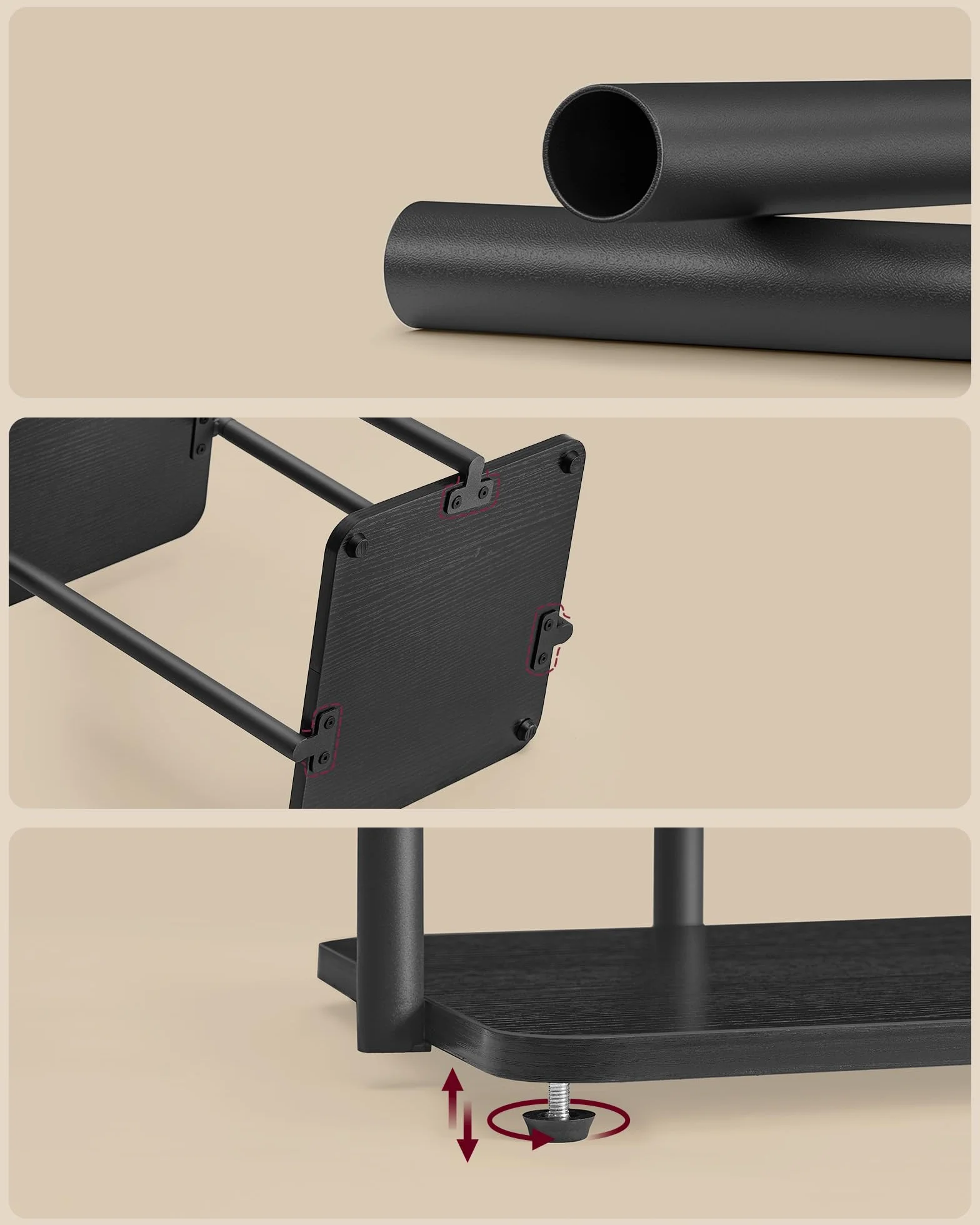 VASAGLE Lampa stojąca z regałem, przełącznik nożny, żarówka LED, abażur z materiału, z 3 drewnianymi półkami, do sypialni, biura, 29,9 x 31,8 x 160,5 cm, kolor czarny atramentowy LFL001BD02
