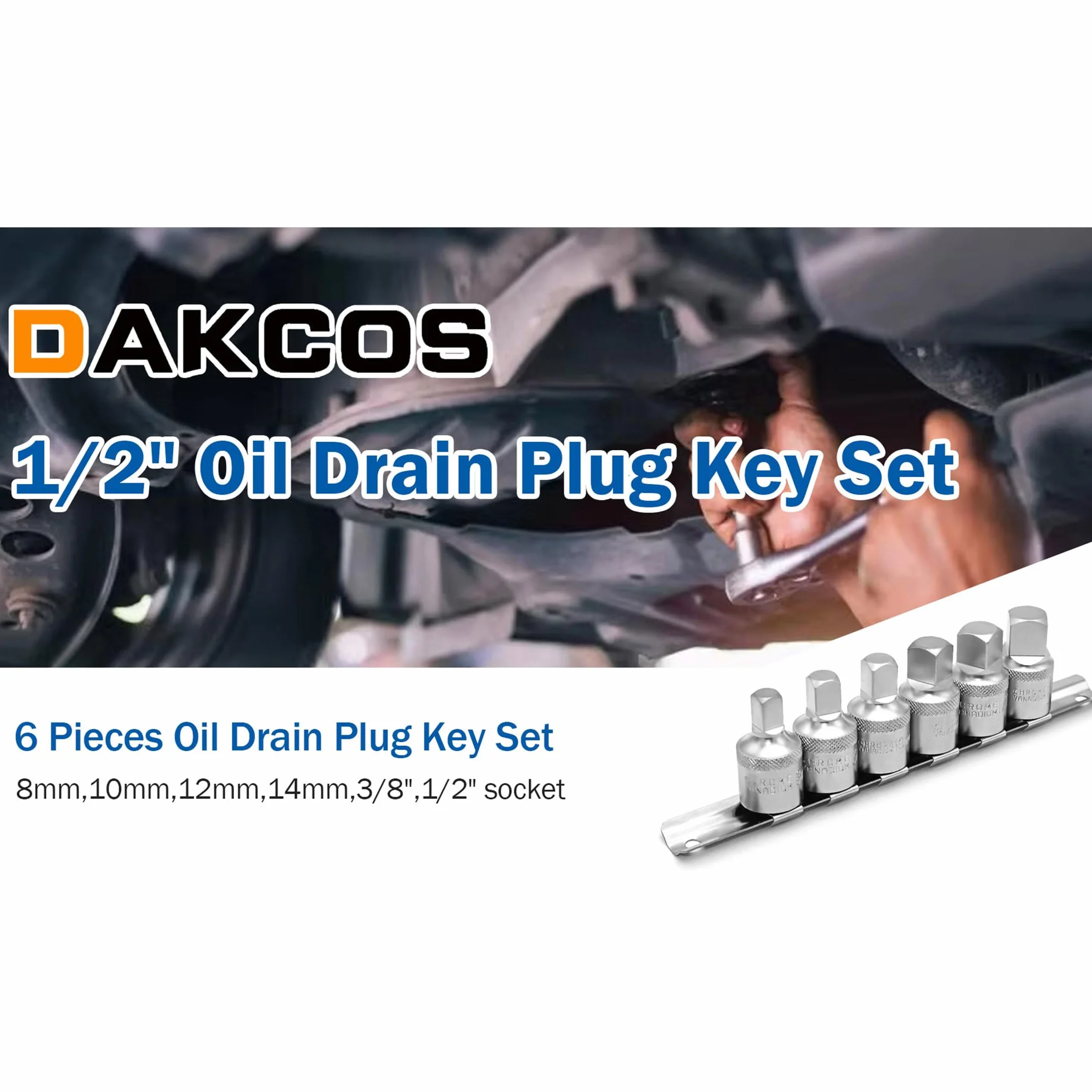 DAKCOS Zestaw kluczy do korka spustowego oleju, napęd 1/5.1 cm, 6 szt. Zestaw nasadek serwisowych oleju metryczny 8 mm/10 mm/12 mm/14 mm, 3/20.3 cm 1/5.1 cm, CR-V
