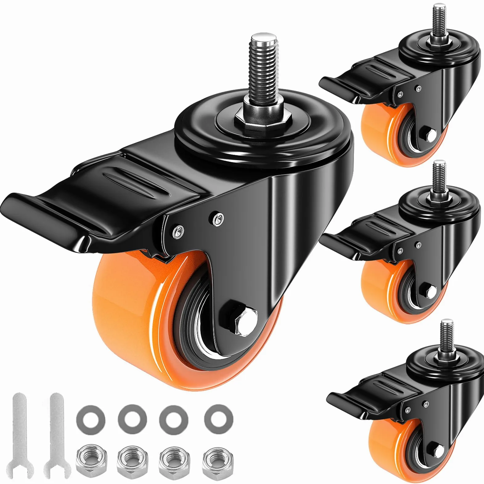 Zestaw 4 kółek 2-calowych z trzpieniem gwintowanym, wytrzymałych, 1/4"-20x1 (średnica śruby 1/4", długość trzpienia 1"), bezpieczne, podwójnie blokowane kółka przemysłowe, do wózków i mebli