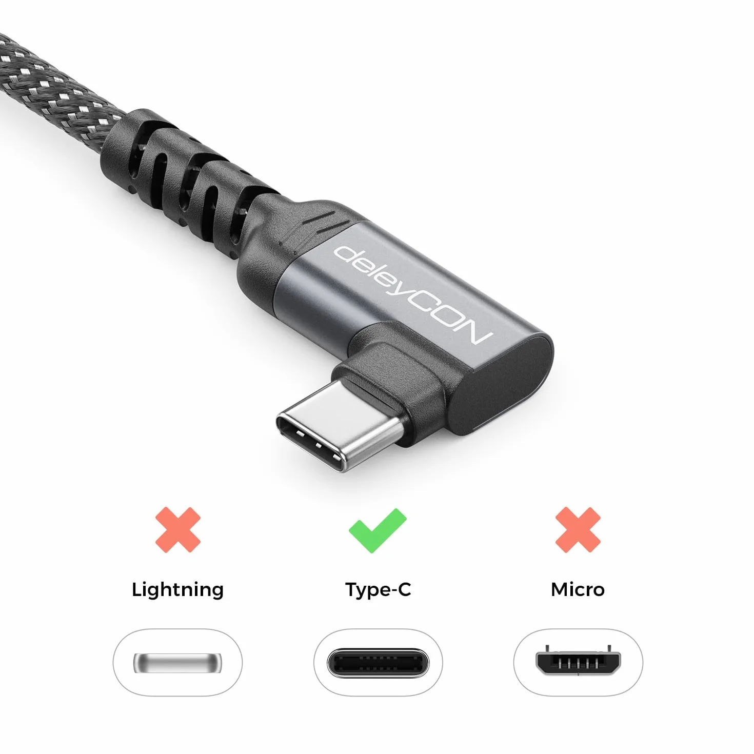 deleyCON 1m Kabel USB-C Kątowy 90° USB-A do USB-C Ładujący i Danych do iPhone 17 16 15 Pro Max Air, Galaxy A16 A56 S25 S24 S23, Pixel, AirPods, Laptopa, PS5