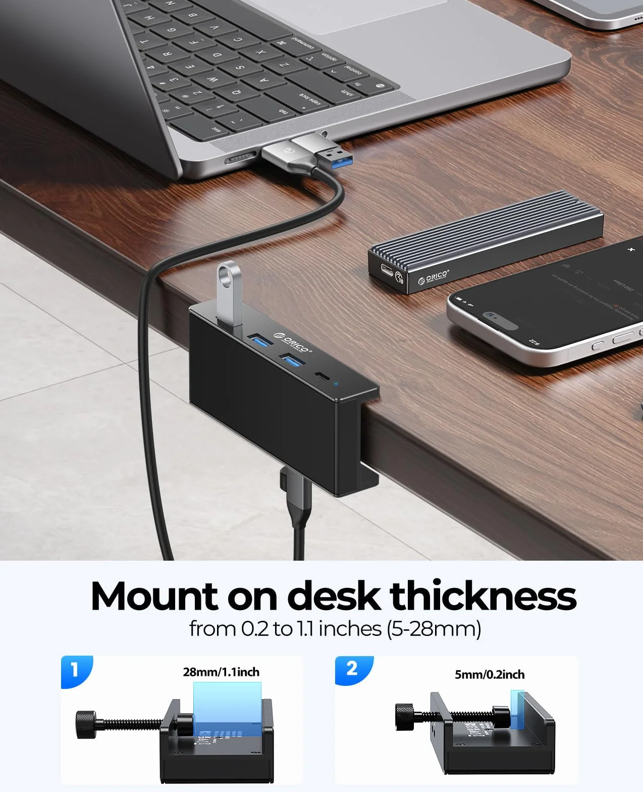 ORICO hub USB, aluminiowy hub USB 3.0 z mocowaniem 5V, 5Gbps 4-portowy rozdzielacz USB z 3 portami Typ-A 3.0 i 1 portem Typ-C 3.0, kabel 100 cm (C na A/C), do monitorów, biurek