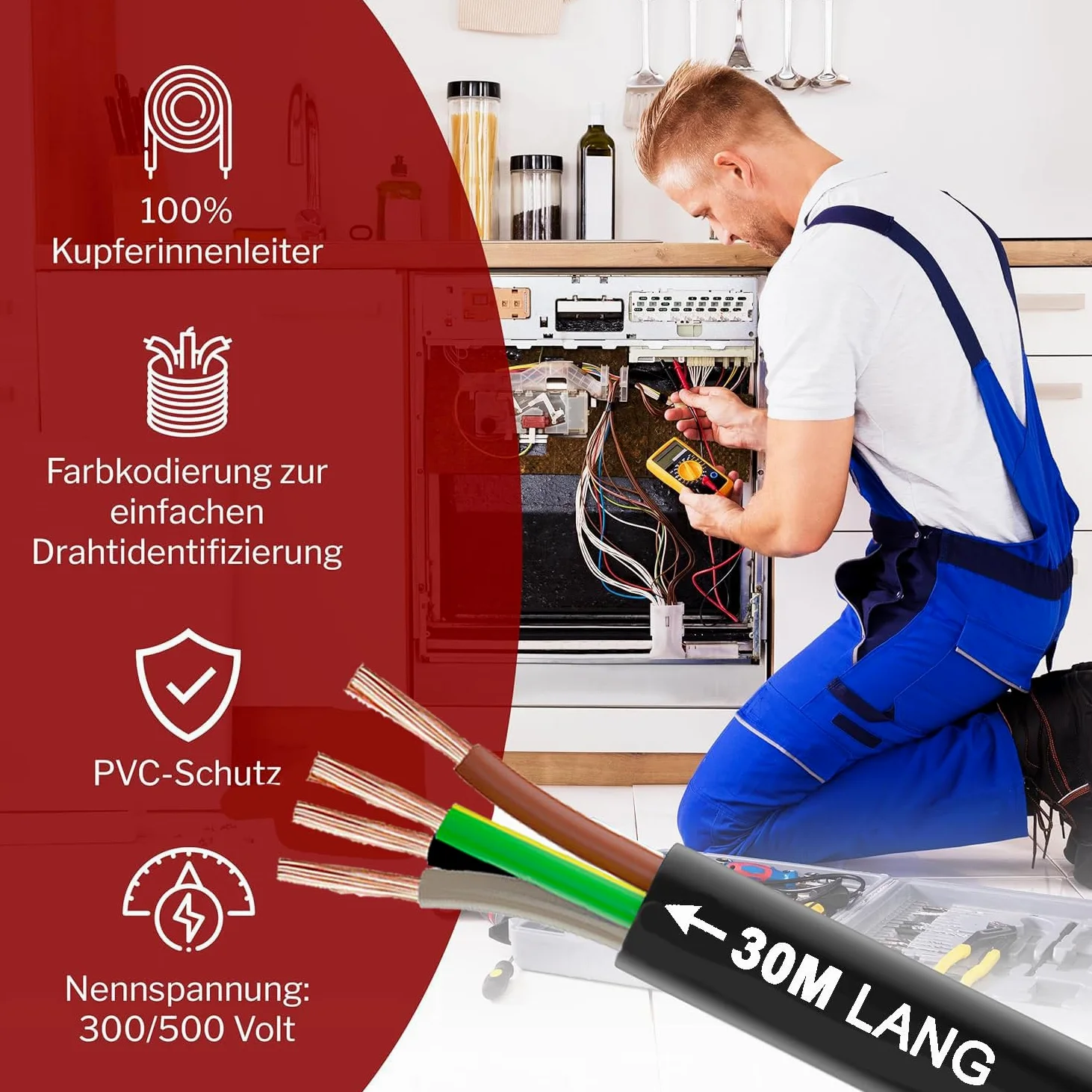 MAS Premium Przewód węża z tworzywa sztucznego H05VV-F 2, 3, 4 lub 5 x 0,75; x1; x1,5 lub x2,5 elastyczny przewód, kabel do urządzeń (H05VV-F 4G1,5SW, 30 m)
