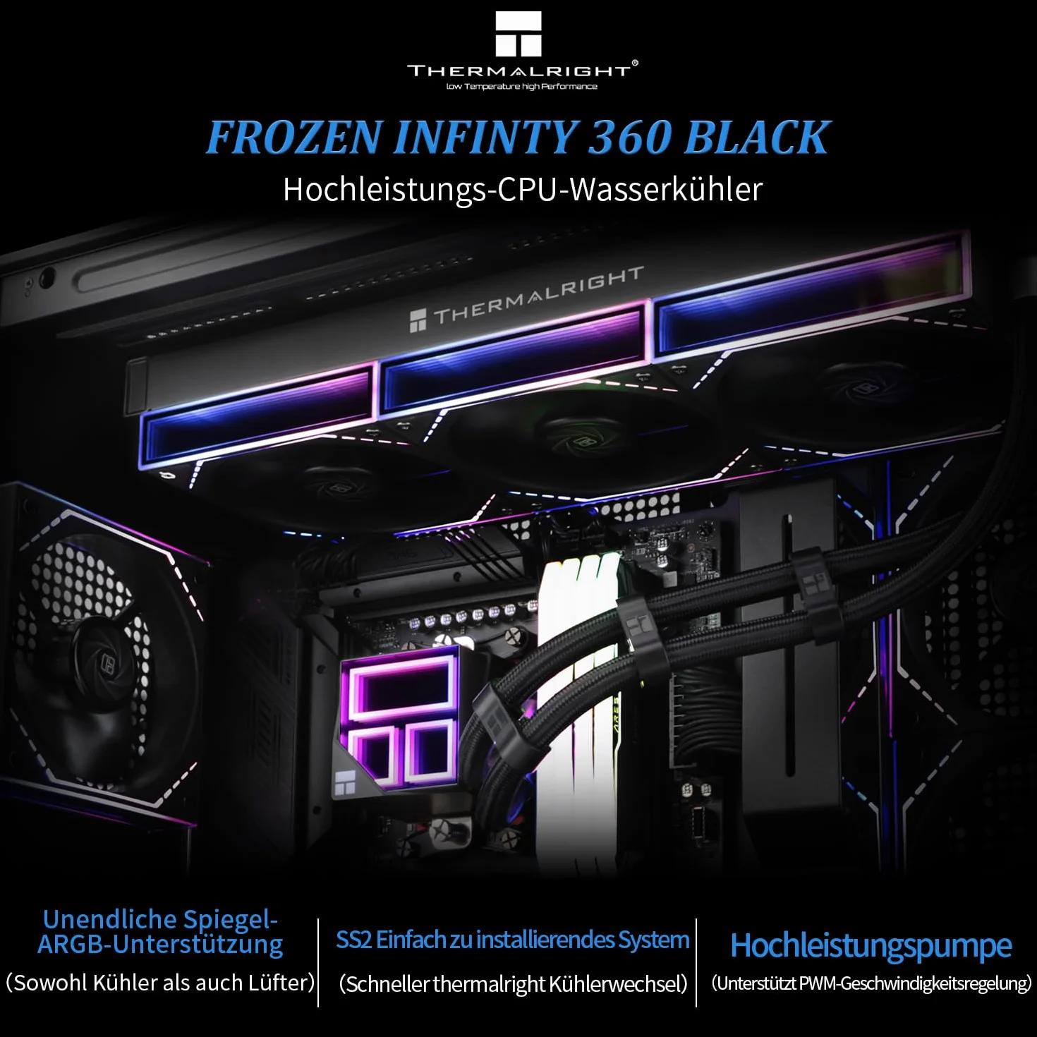 Thermalright Frozen Infinity 360 BLACK chłodnica wody do procesora 360 Aio, 360mm Aio, potrójny wentylator TL-M12 PWM, do AM4/AM5, Intel LGA1851/1700/1150/1151/2011