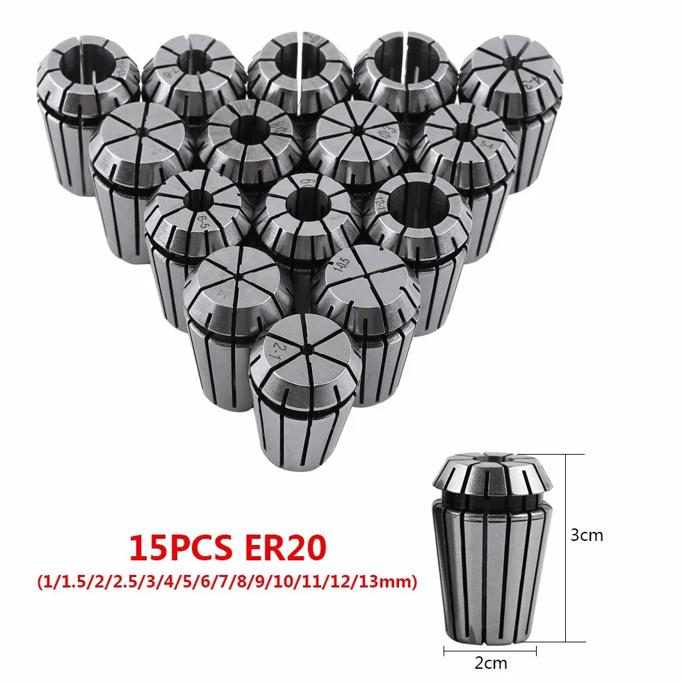 Zestaw szczypiec ER20, 15 szt. 1-13 mm zestaw szczypiec ER20, precyzyjny uchwyt zaciskowy ER20, do narzędzia tokarskiego do grawerowania CNC, akcesoriów narzędziowych