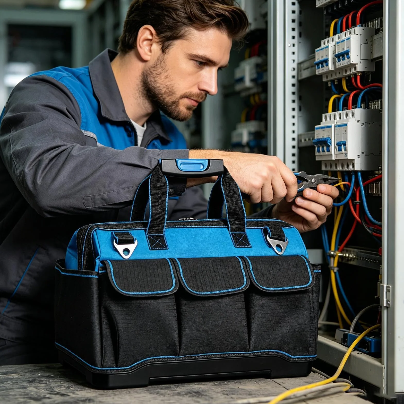 Torba Do Elektronarzędzi Męski Wielokieszeniowy Z Ergonomicznym Uchwytem | Torba Narzędziowa Typu Tote Ze Sztywnym Dnem Do Naprawy Aut, Na Budowie, W Warsztacie, Dla Elektryka I Mechanika, Na Zewn