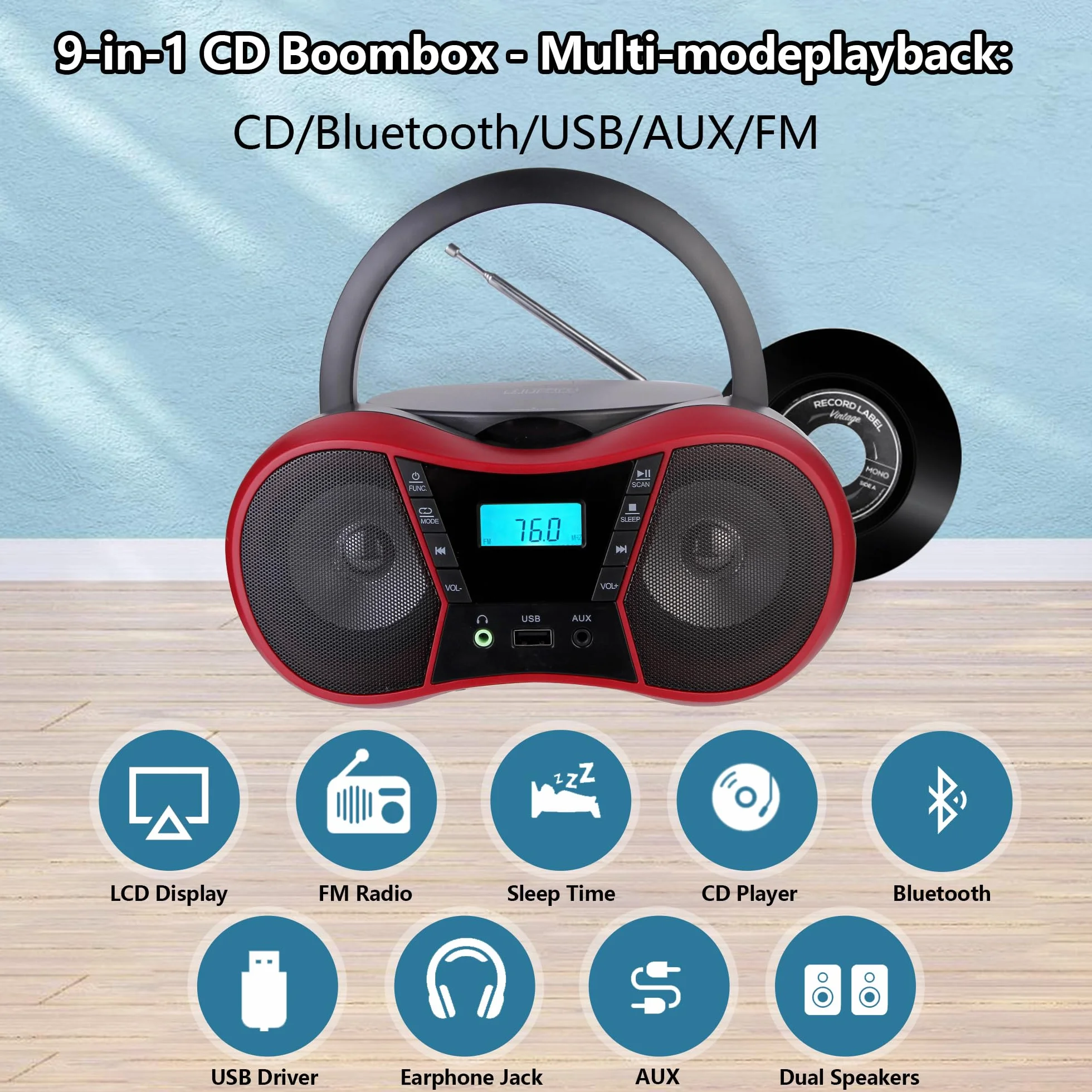 Przenośny odtwarzacz CD Boombox Bluetooth AUX USB FM stereo