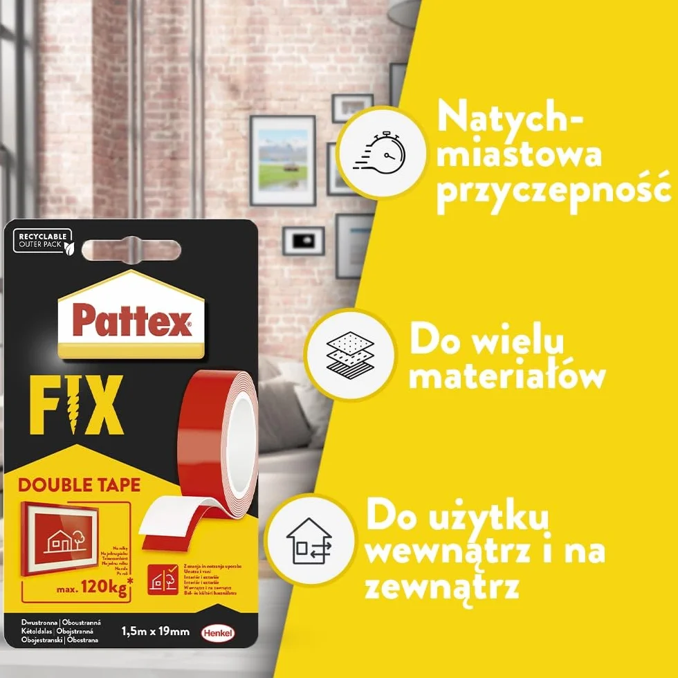 Pattex FIX 120 kg, Supermocna taśma dwustronna montażowa, elastyczna i wytrzymała taśma naprawcza, taśma klejąca dwustronna umożliwiająca montaż bez narzędzi, rolka 1,5mx19mm