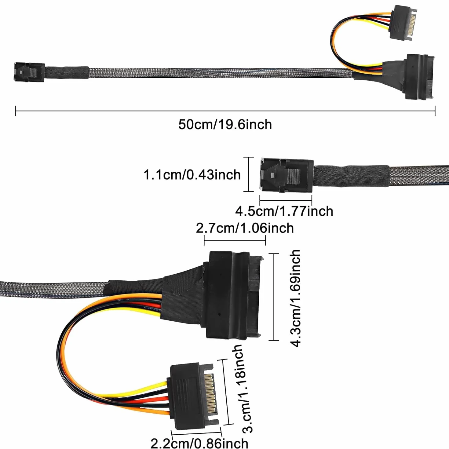 XMSJSIY Mini SAS HD SFF-8643 na SAS 8639 12 Gb/s wewnętrzny serwer NVMe kabel połączeniowy SSD z 15-biegunowym zasilaczem SATA 50 cm/19,6 cala