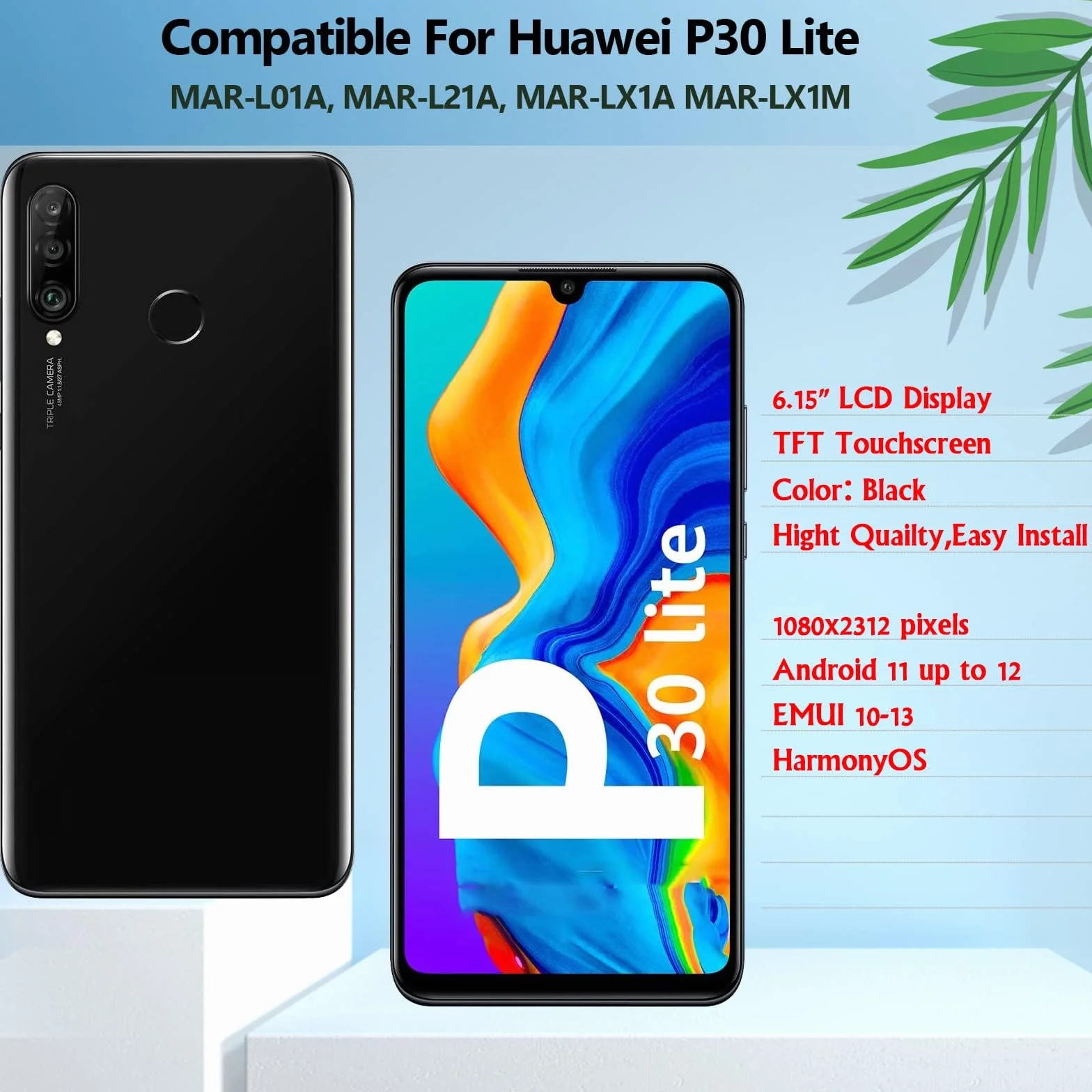 Ekran dotykowy LCD 6,15" do Huawei P30 Lite/Nova 4E MAR-L01A MAR-L21A MAR-LX1A czarny