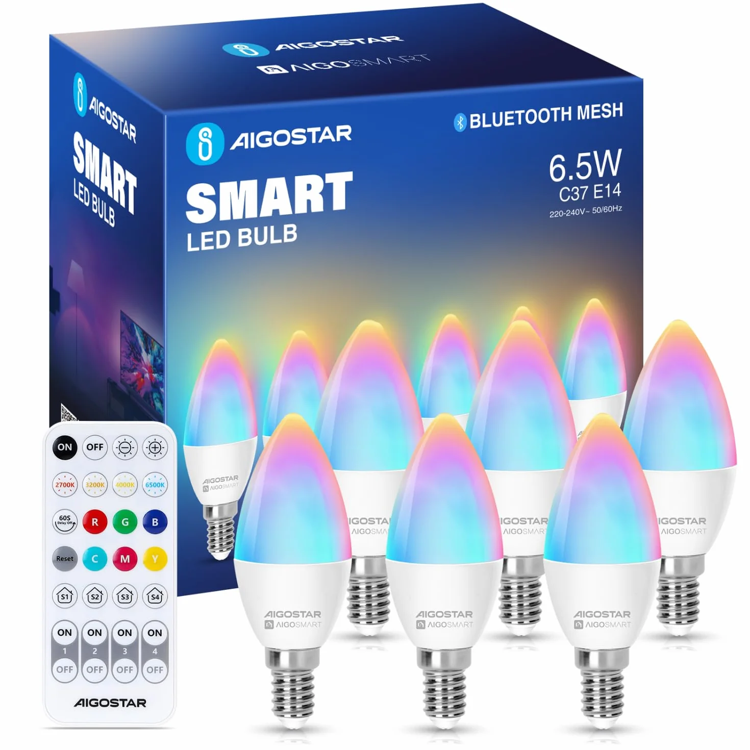 Aigostar - Inteligentna żarówka C37 Mesh Bluetooth. 2700–6500K, ściemnialna RGB. Gwint E14, 6,5 W, 555 lm. Inteligentna żarówka LED kompatybilna z Alexą. W zestawie pilot. 6 sztuki