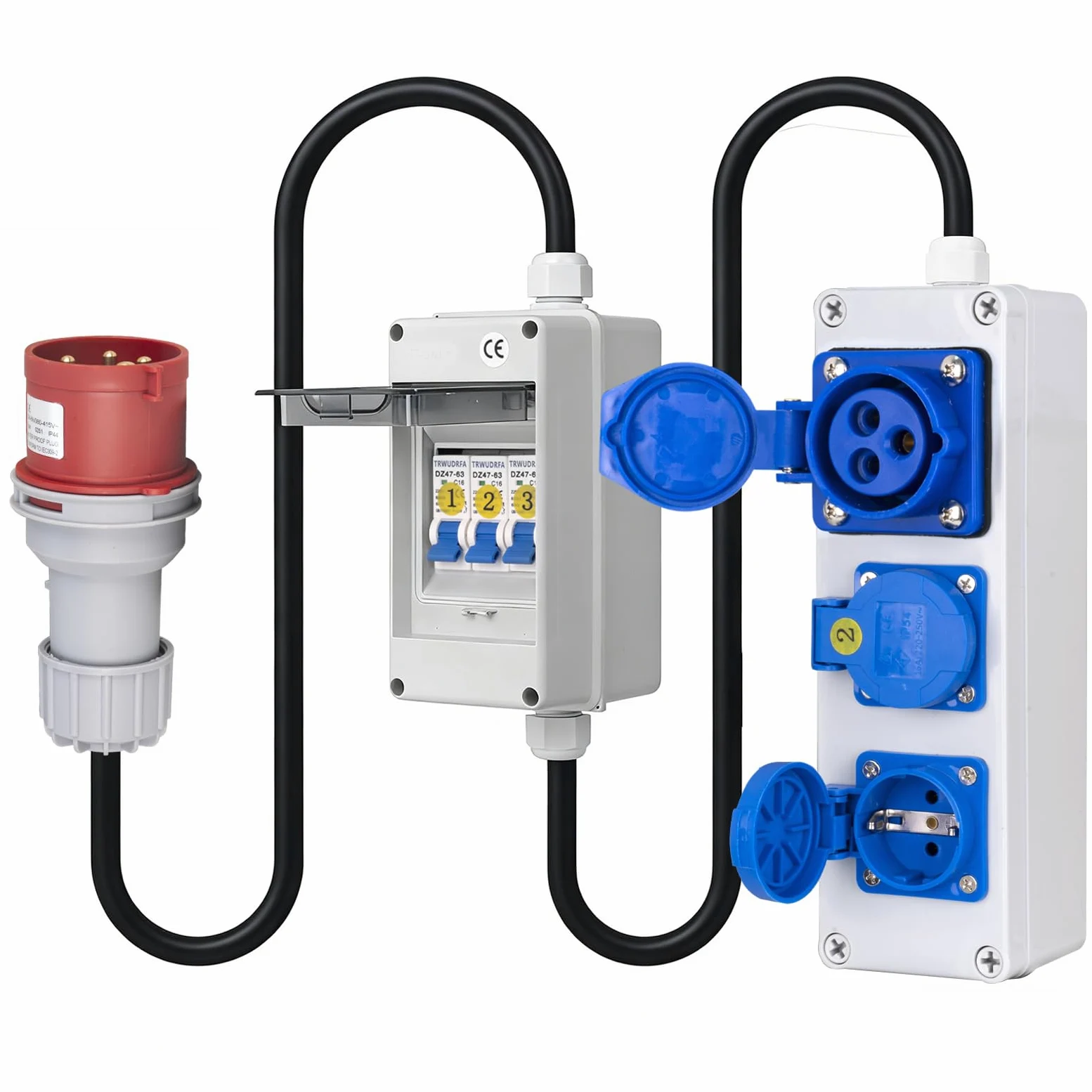 Adapter CEE 380 V na 220 V (32 A na 16 A) – adapter 5-biegunowy 32 A wtyczka CEE do gniazdka 16 A z przełącznikiem LS 3 x 16 A - rozdzielacz IP54 z 2 x 16 A Schuko i 1x3P/16A gniazdo CEE