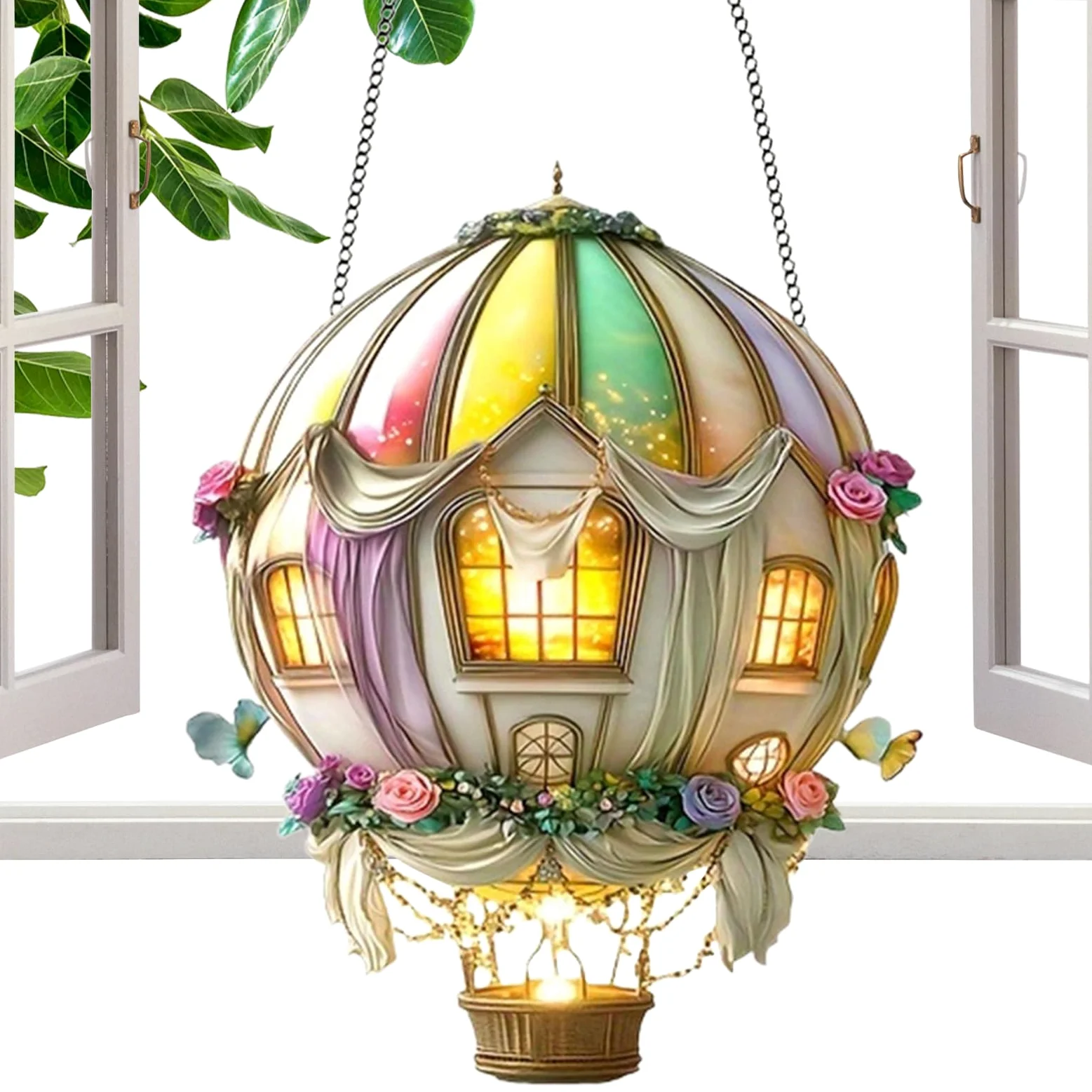 Lampa Balon Na Gorące Powietrze - Ozdoby Okienne Na Zewnątrz,2D Dekoracyjna Lampa z Migoczącym Płomieniem do Ogrodu Tarasu Domu Ścieżki