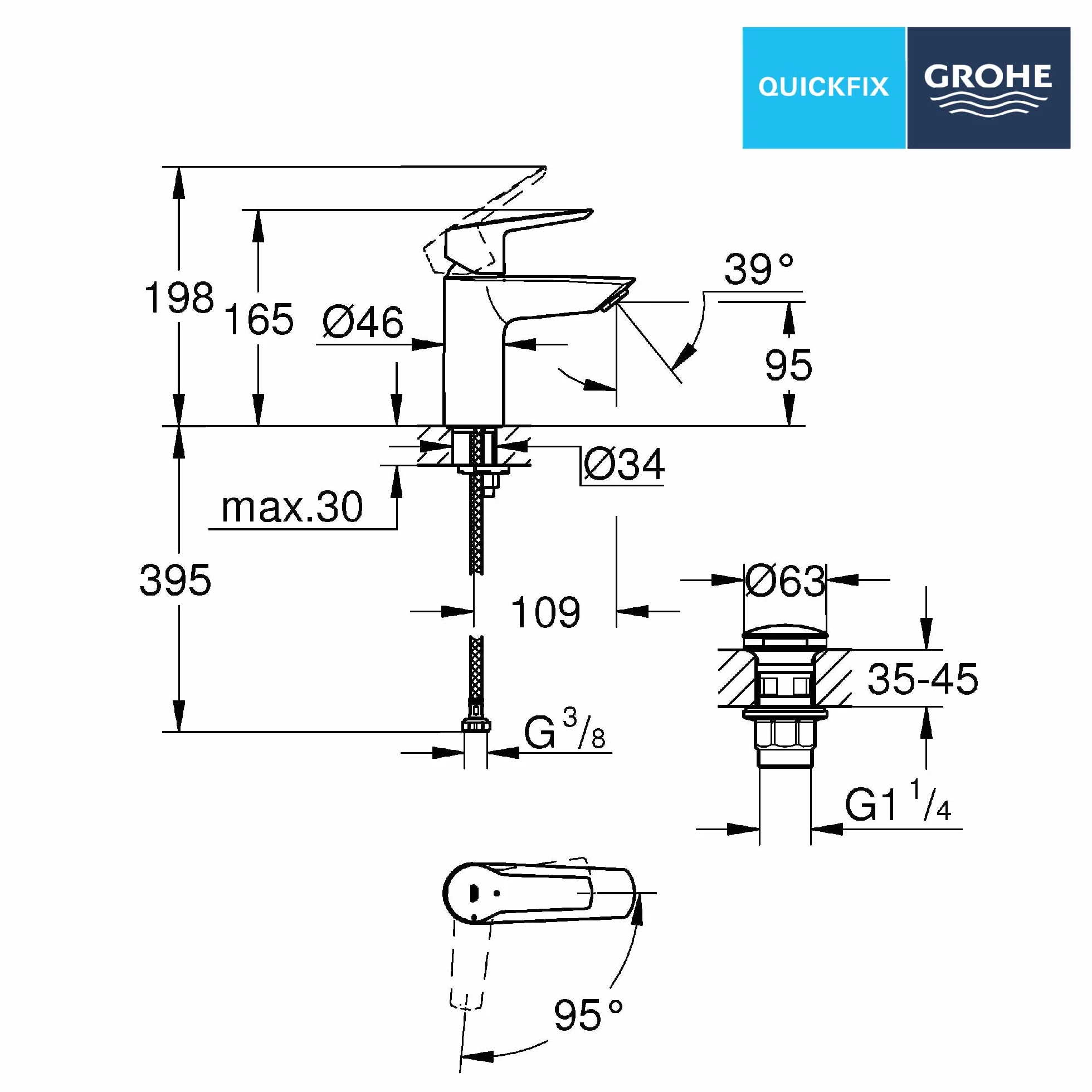 GROHE Start - bateria łazienkowa oszczędzająca wodę (wysokość 17 cm, z zestawem odpływowym Push-open, z narzędziem montażowym), matowa czerń, 235502432