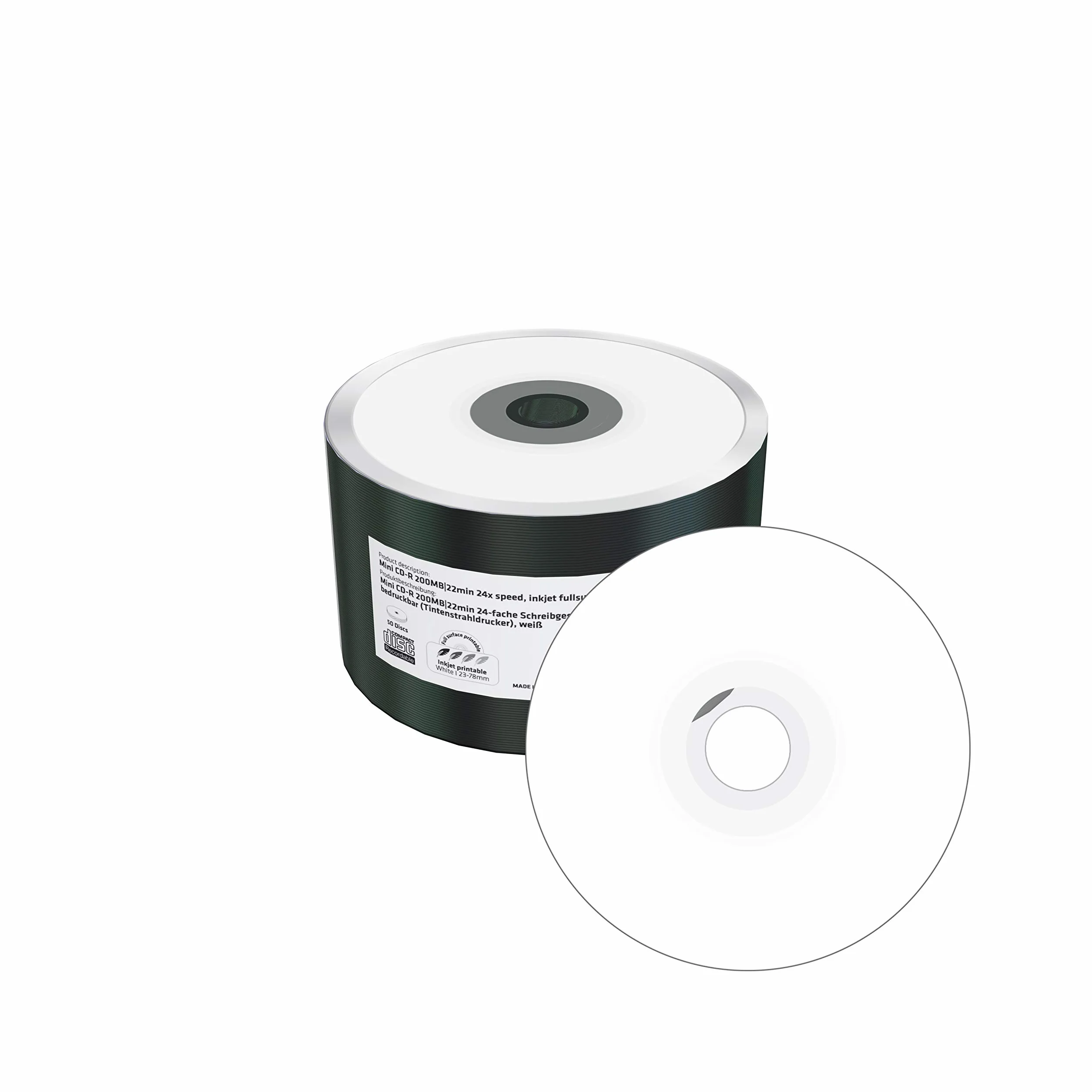Mini CD-R 200MB|22min 24-krotna prędkość zapisu, druk na całej powierzchni (drukarka atramentowa), opakowanie 50 sztuk w folii (Shrink)