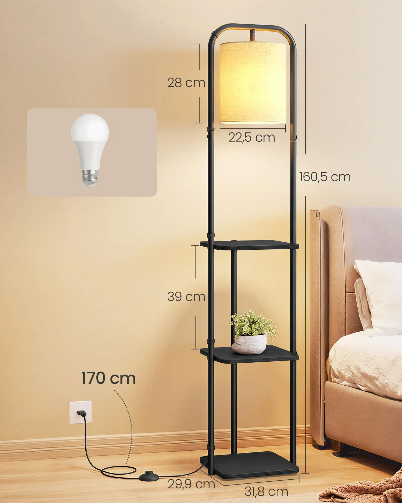 VASAGLE Lampa stojąca z regałem, przełącznik nożny, żarówka LED, abażur z materiału, z 3 drewnianymi półkami, do sypialni, biura, 29,9 x 31,8 x 160,5 cm, kolor czarny atramentowy LFL001BD02