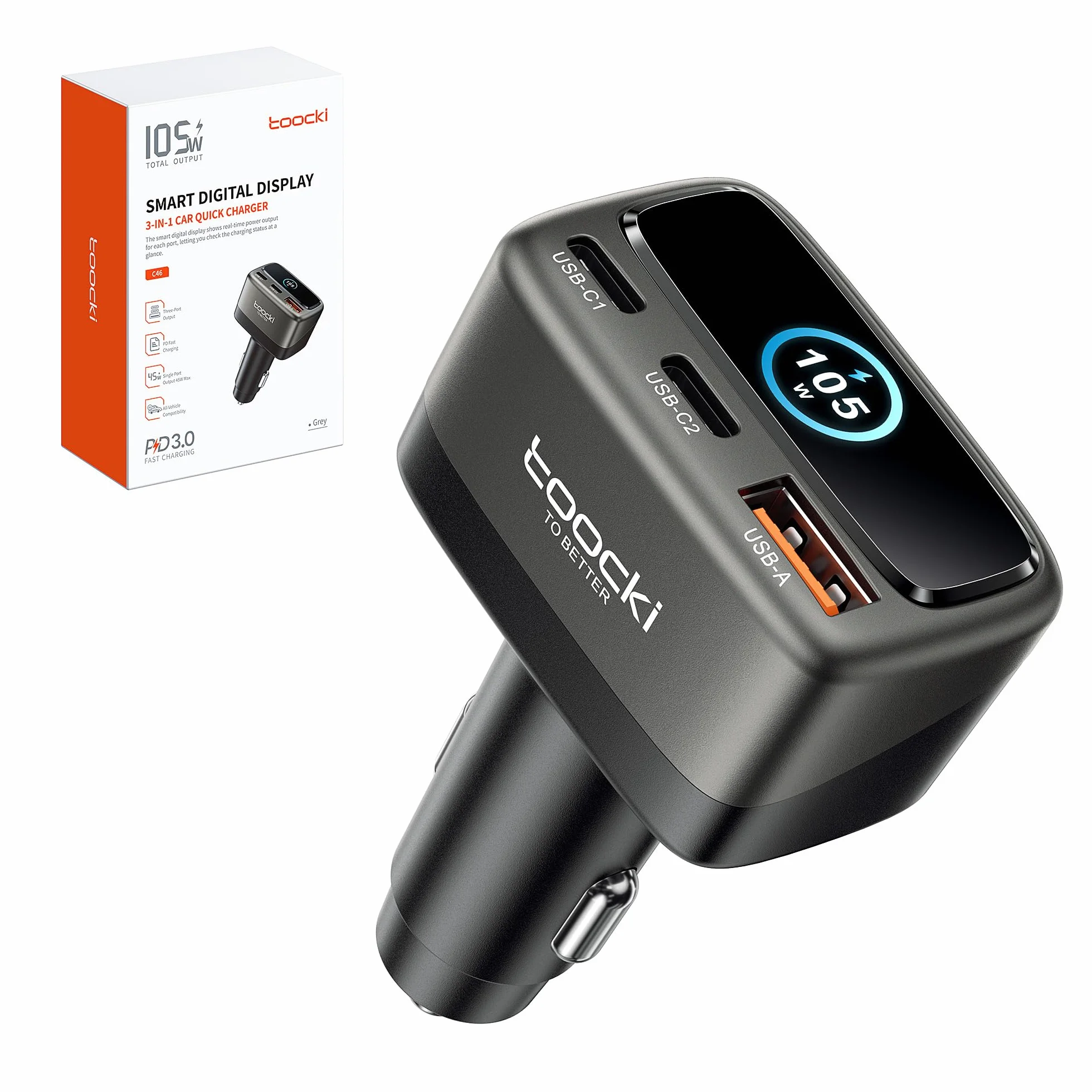 toocki Ładowarka samochodowa USB C 105 W z inteligentnym wyświetlaczem cyfrowym, szybkie ładowanie 1 USB-A i 2 USB-C (45 W MAX)