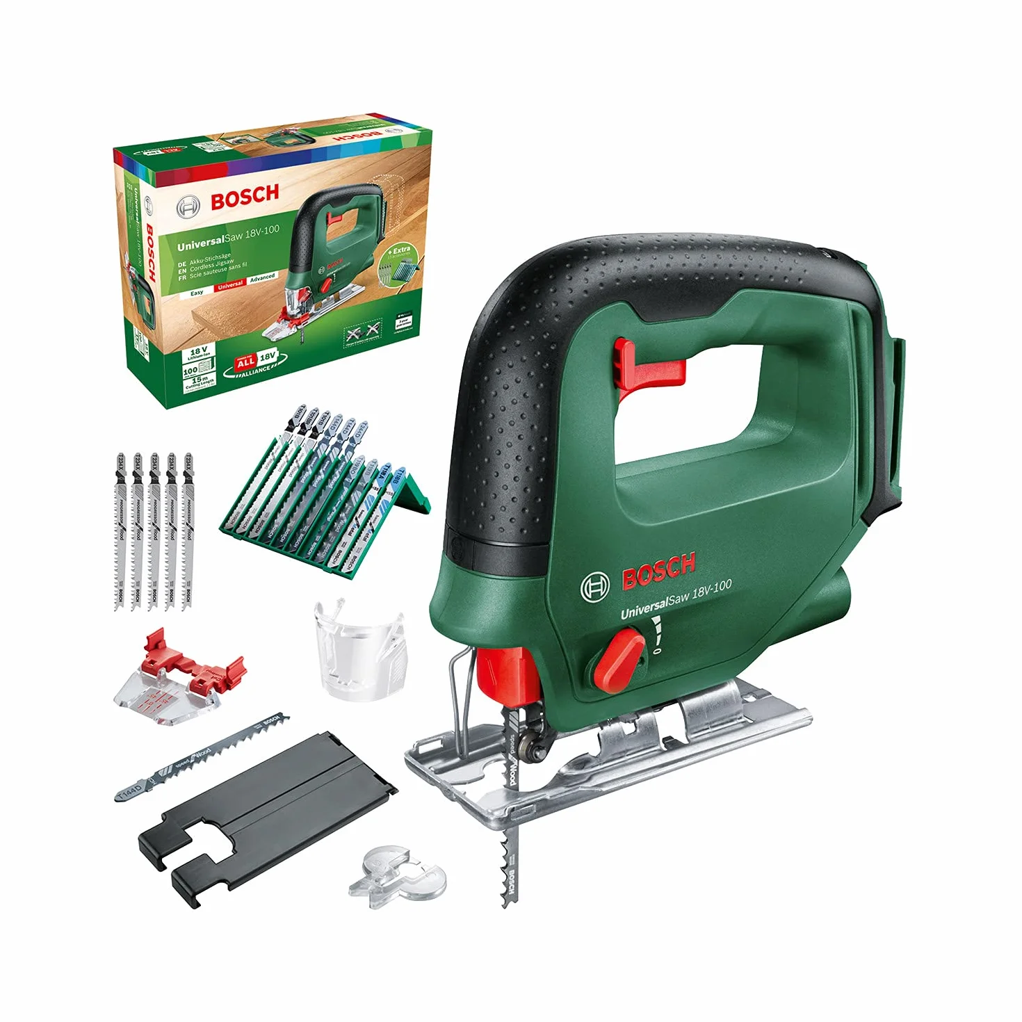 Bosch UniversalSaw, Wyrzynarka akumulatorowa 18V-100 (bez akumulatora, system 18V, 15-częściowy zestaw brzeszczotów do wyrzynarek, opakowanie kartonowe) – Amazon Edition, Zielony