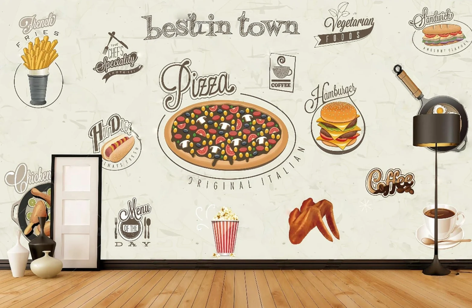 Tapeta ręcznie malowane pyszne fast food motyw burger pizza sklep zachodnia restauracja tło fototapeta popołudniowa herbata kawiarnia tapeta 3D, 250 x 175 cm
