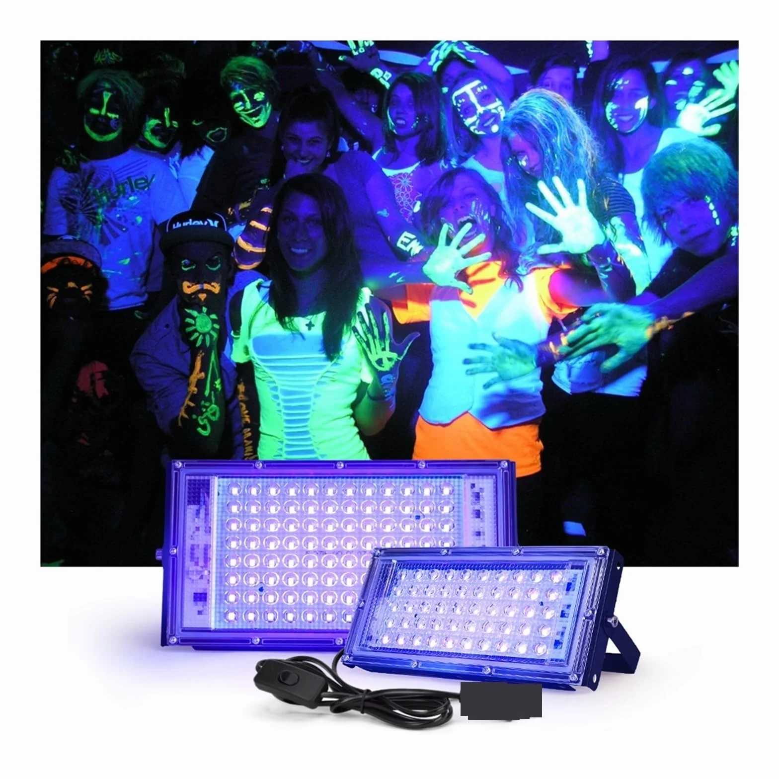 Naświetlacz LED Światło Halogenowe UV 50W 100W 395nm 400nm Ultrafioletowa Fluorescencyjna Lampa Sceniczna Do Baru Potańcówka Blacklight Oświetlenie krajobrazu RGB(50W with plug)
