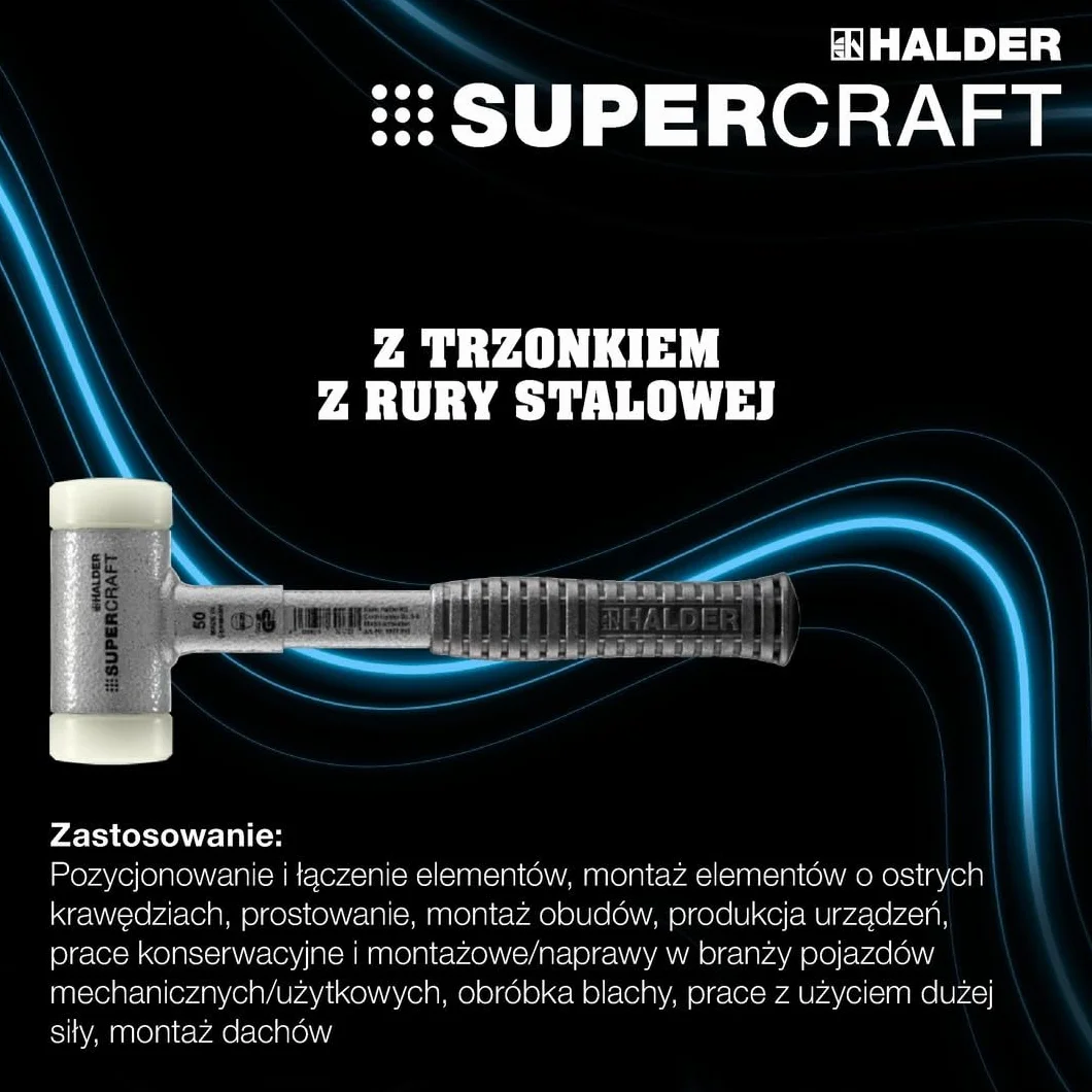 Supercraft młotek ochronny, z odpornym na pęknięcia trzonkiem z rur stalowych i ergonomicznie ukształtowanym, antypoślizgowym uchwytem | śr. = 50 mm | 3377.050