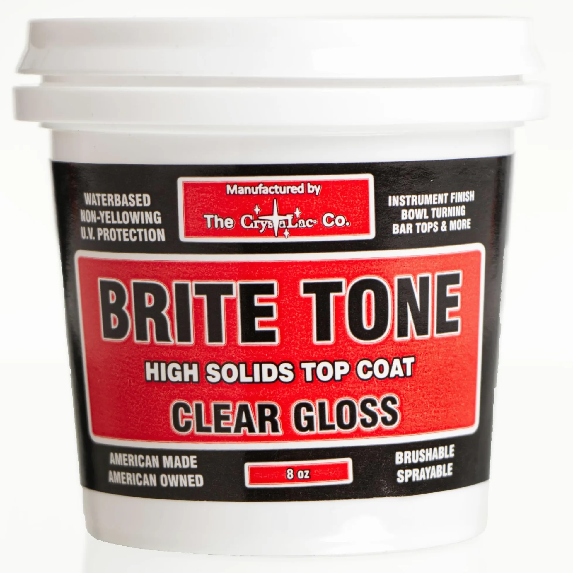 CrystaLac Brite Tone Polyurethane Instrument Finish, High Solids Non-Yellowing Super-Hard & Scratch Resistant Clear Coat for Musical Instruments, for Wood Metal Plastic & Glass, 8-Fl.Oz., Clear Gloss