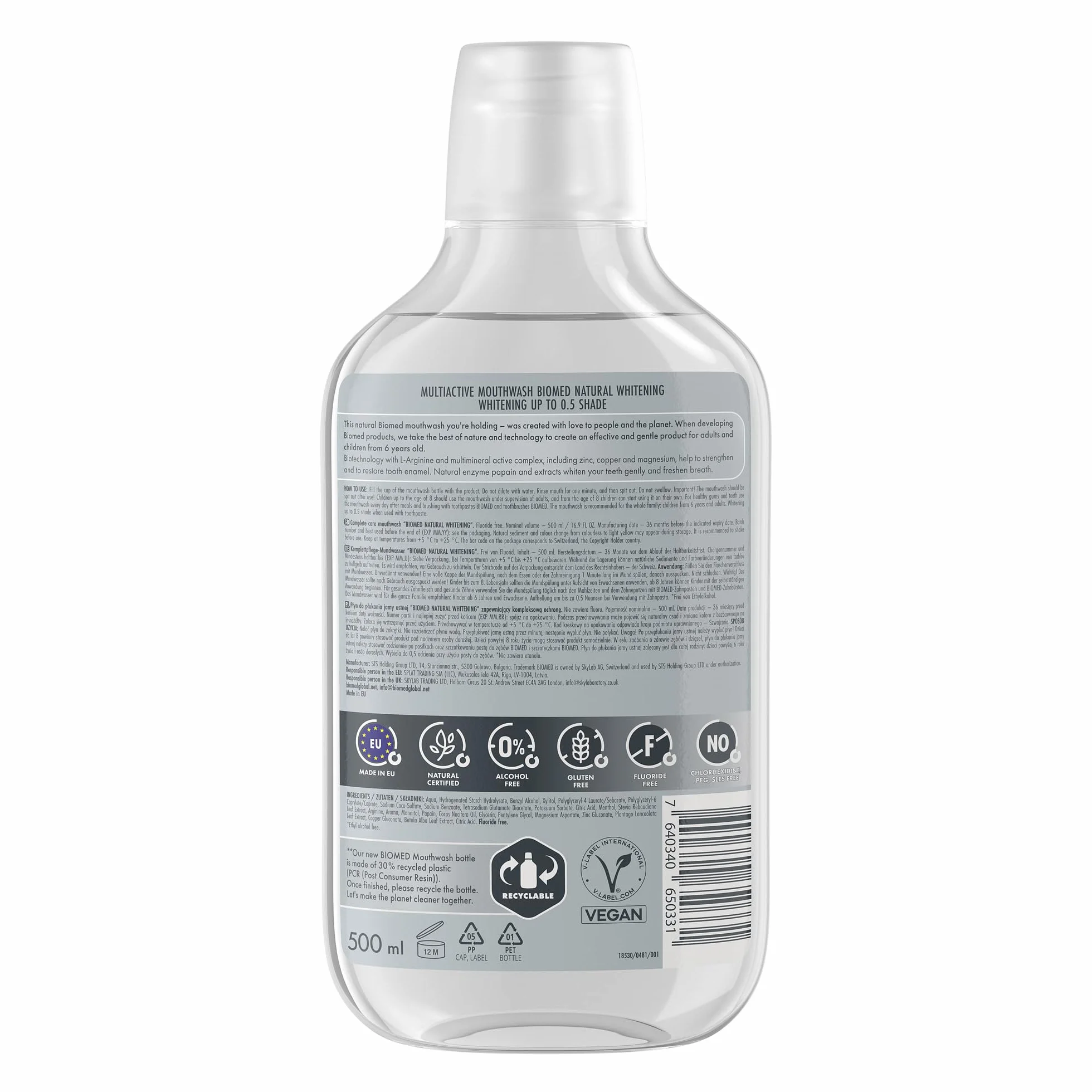 BIOMED Superwhite płyn do płukania jamy ustnej do łagodnego wybielania zębów-bez fluoru-bez alkoholu-99% naturalnych składników-smak kokosowy i miętowy-Opakowanie 500 ml