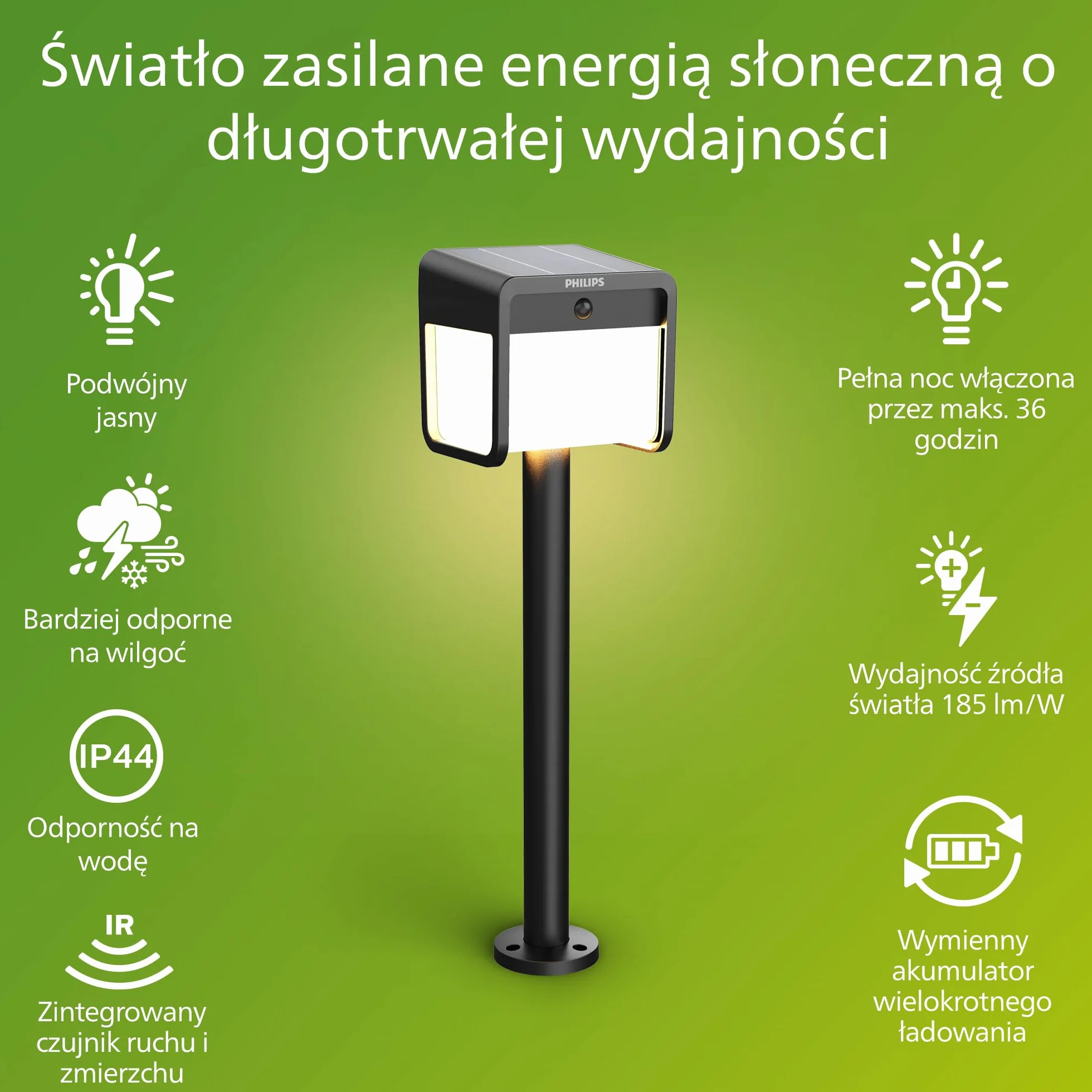 Philips Ezra UltraEfficient Zewnętrzna Lampa na Postumencie Solarna z Czujnikiem, 3000K, 250/25lm, Czarna