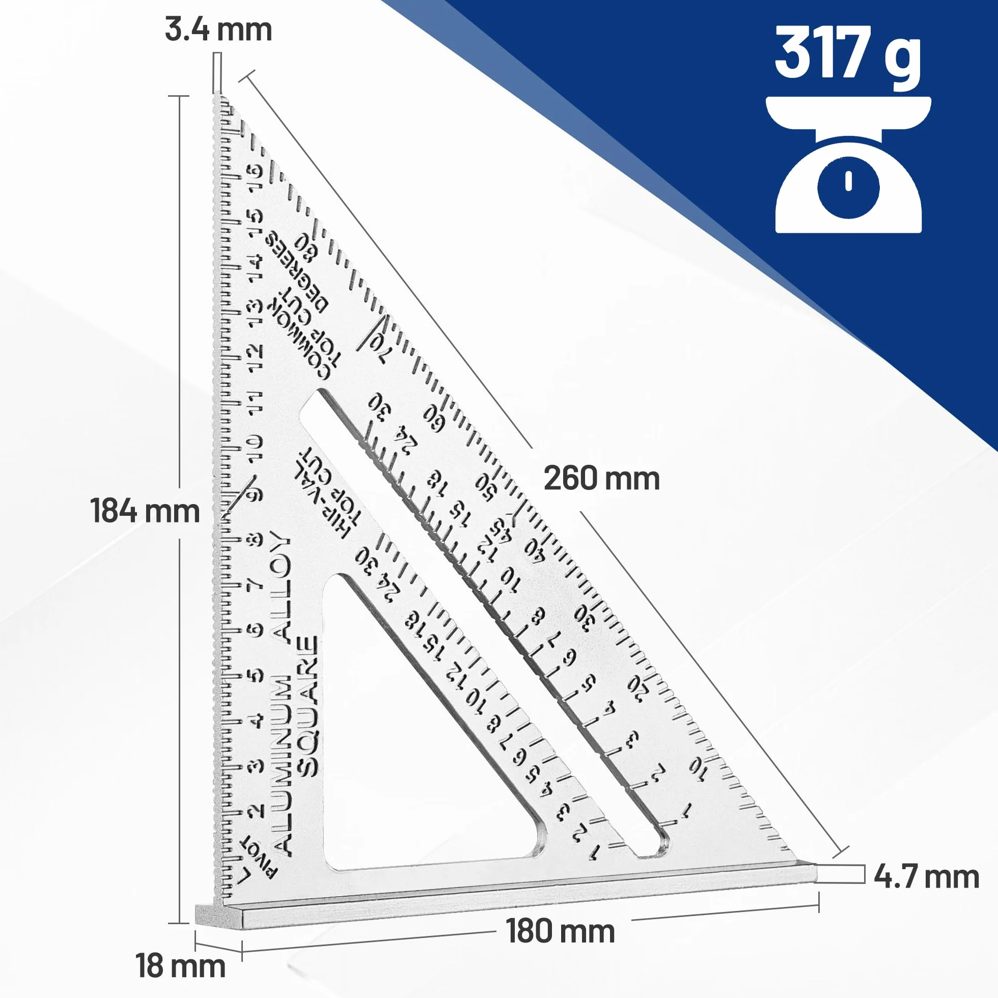 WORKPRO Aluminiowy kwadrat prędkości 180 mm, kombinowany kwadrat, narzędzie pomiarowe dla inżyniera stolarza, kąt krokwi, kwadratowe aluminium, precyzyjne narzędzie pomiarowe ze stopu dla stolarzy