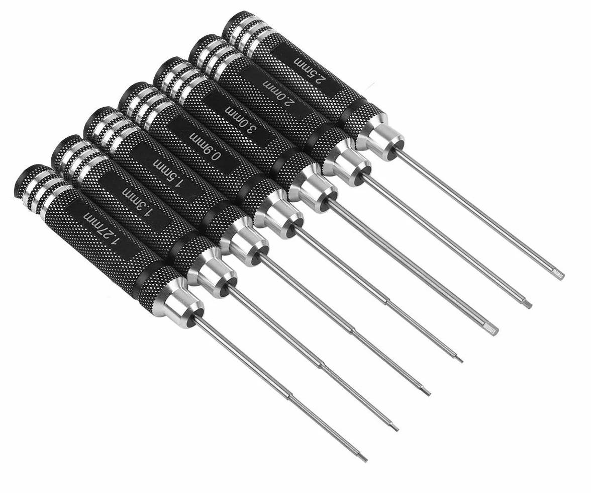 Zestaw wkrętaków sześciokątnych 7-częściowy, zestaw narzędzi RC, do samochodów RC, łodzi, dronów wyścigowych, robotów, 0,9 mm, 1,27 mm, 1,3 mm, 1,5 mm, 2,0 mm, 2,5 mm, 3,0 mm