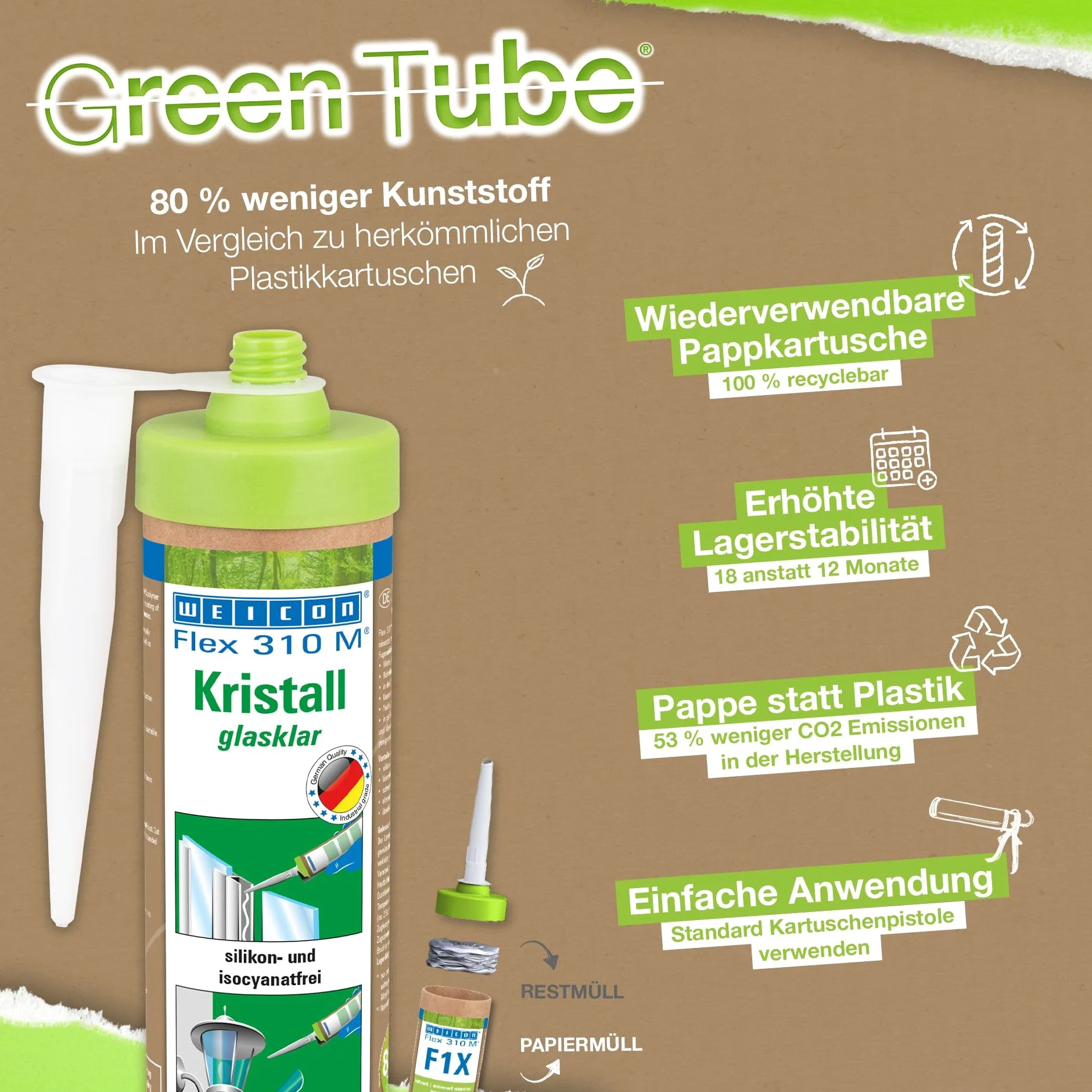 WEICON Green Tube Flex 310 M Kristall 280 ml, elastyczny, mocny klej i uszczelniacz na bazie polimeru MS, kartonowy wkład wielokrotnego użytku, zestaw 3 x 280 ml, kolor: bezbarwny (kryształ)