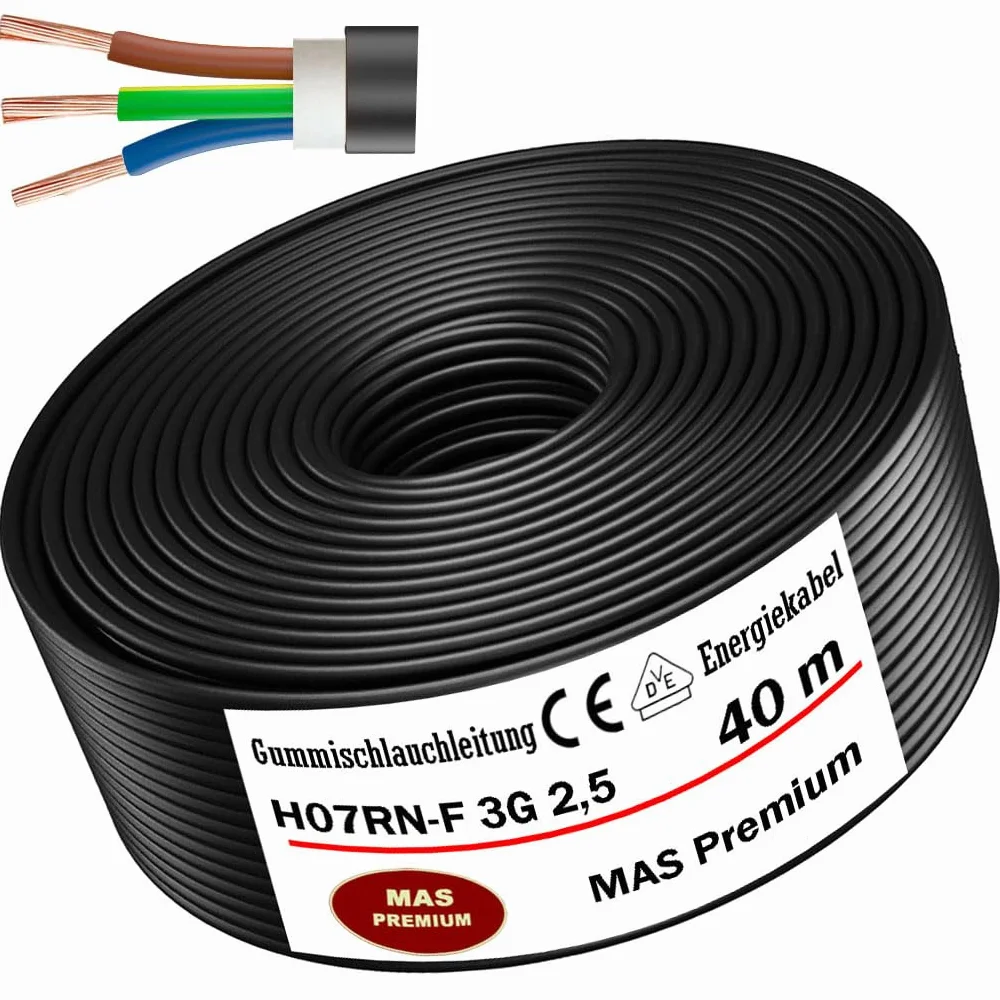 MAS Premium Gumowy przewód elektryczny 5-100 m, kabel zasilający, kabel budowlany H07RN-F 3G 1, 3G 1,5, 3G 2,5, 3G 4, 3G 6, 3G 10 lub 3 x 1,5, elastyczny przewód do ciężkich urządzeń (H07RN-F 3G2,5