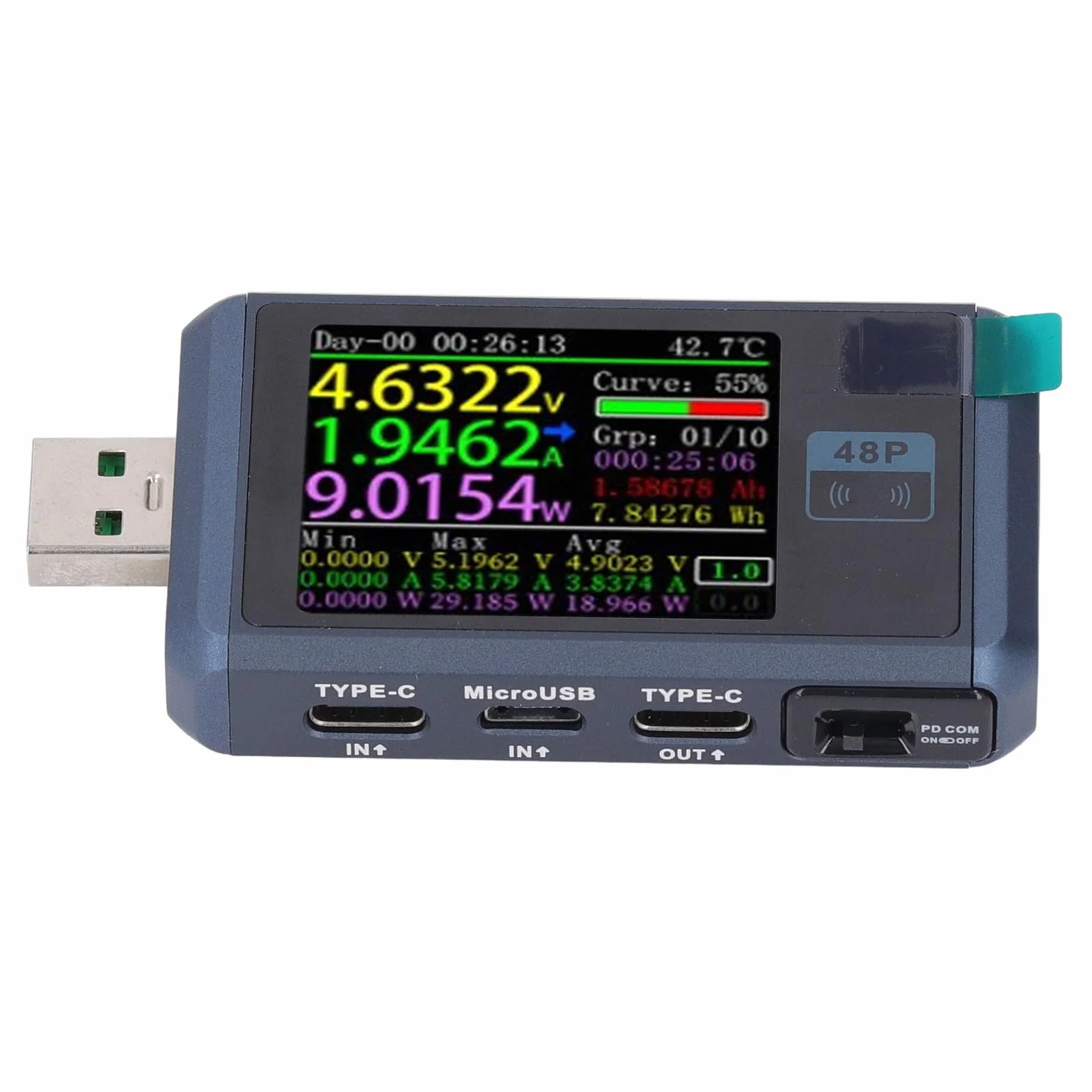 Generic Tester USB z Kolorowym Wyświetlaczem, Wielofunkcyjny Multimetr Napięcia i Prądu do ładowania urządzeń, 3 Porty, Metal, 1 X Tester