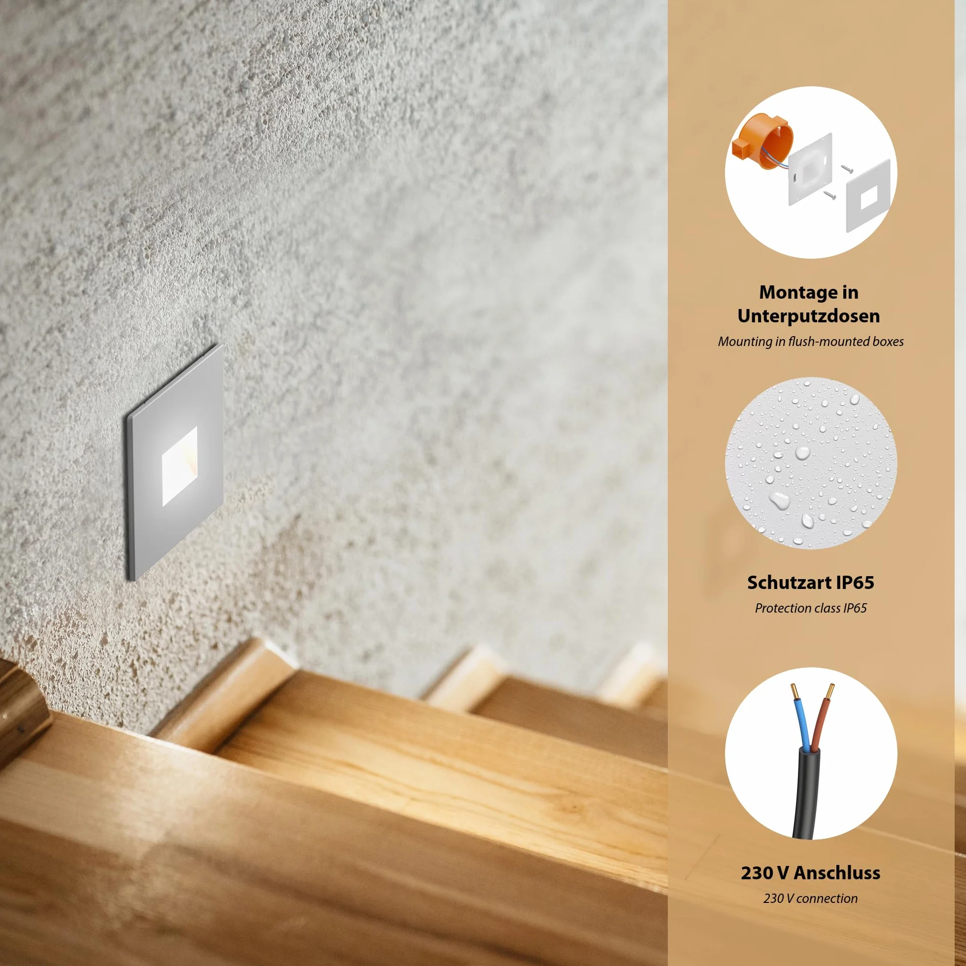 ledscom.de Lampa schodowa LED wpuszczana ścienna FOW downlight kątowa 85 x 85 mm chłodna biel